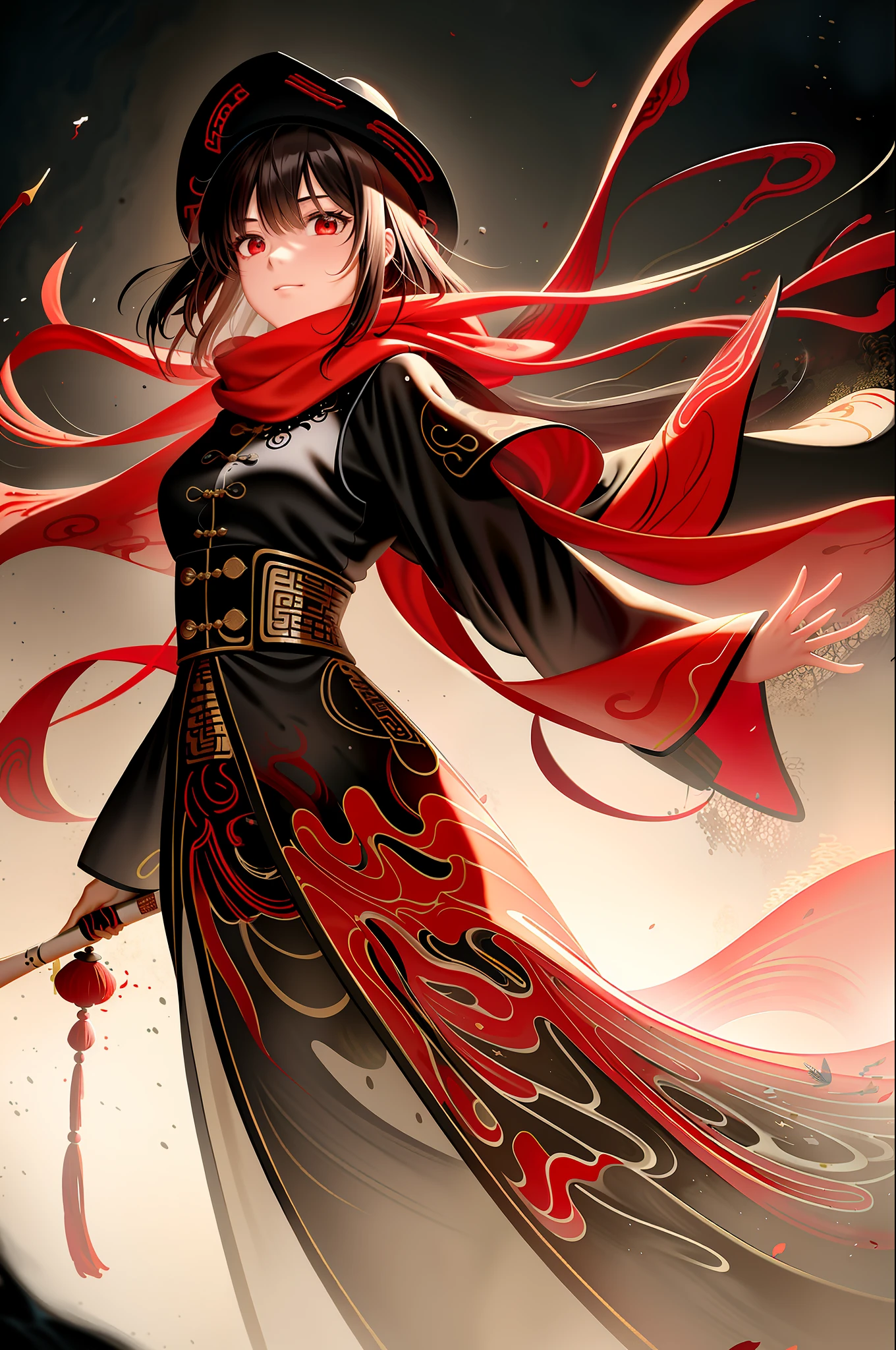 ((best quality)), (((masterpiece))), (highres), original, extremely detailed 8K wallpaper,  [an extremely delicate and beautiful girl who with dark red long hair,dress,scarf,feather and cowboy hat is (heroic battle:1.3)],(beautiful detailed red eyes),world masterpiece theater,steampunk,beautiful detailed garden, fluttered detailed petal, grow, melting, abstract, [a girl who has short hair with long locks,small breast ,messy hair, red eyes,long sleeves ,Taoist robe,oversized clothes is melting and splashing],splash,hyper detailed,backlighting,sand, water,black background, dust clodust,water splash,
(((Ink painting style))),(((Chinese Brush Painting))),