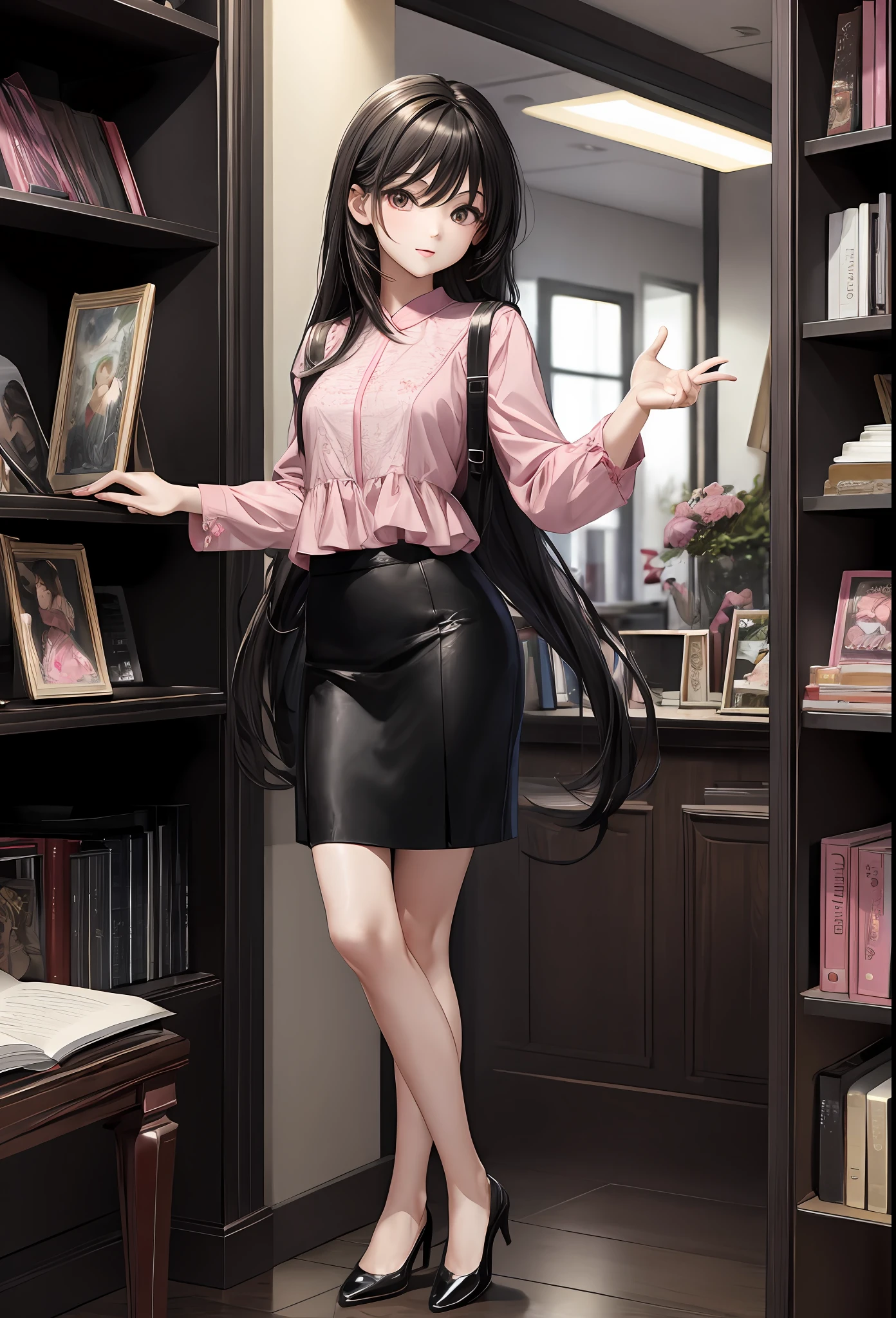 (masterpiece, best quality:1.3),
full body,small breast,
ung girl, jirai fashion with pink blouse ,black hair, long hair, looking at viewer,
shop, book, shelf,table,