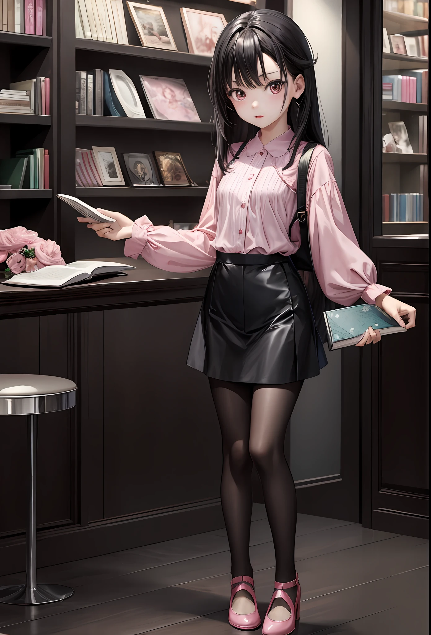 (masterpiece, best quality:1.3),

full body,small breast,

1 young girl,  jirai fashion with pink blouse  ,black hair, long hair, looking at viewer,
shop, book, shelf,table,