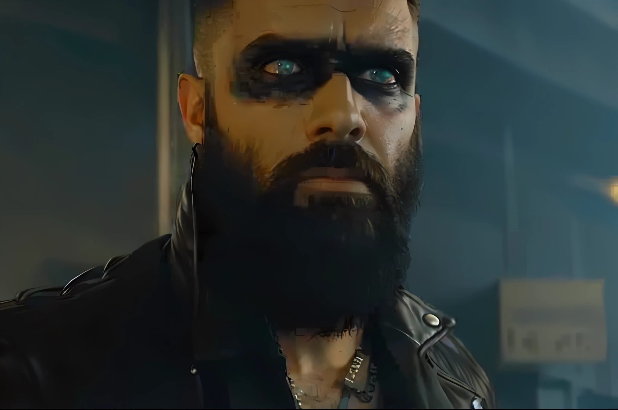 a close up of a man with a beard and a leather jacket, menacing look, screenshot from morbius (2022), scariest looking man alive, intense demonic look in the eyes, screenshot from a movie, badass look, still from a music video, his eyes are bleeding intense, cyberpunk lut, smug look, cyberpunk style , hyperrealistic