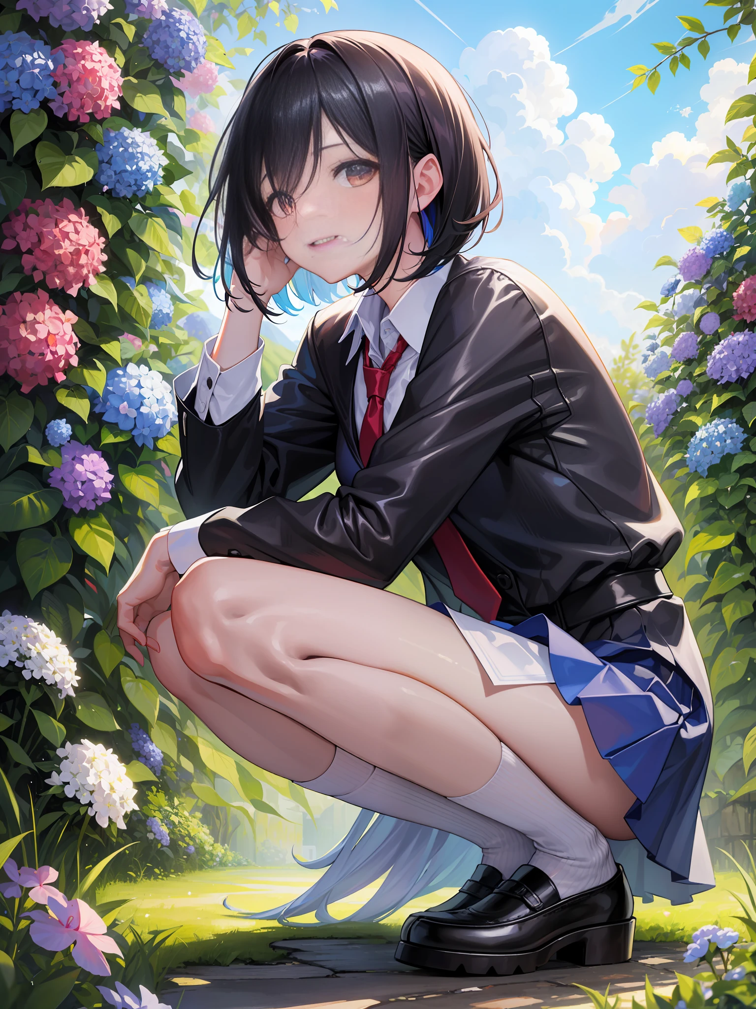 ((masterpiece, super detailed, fine detail, top quality, illustration)), blue sky, 20-year-old woman, beautiful woman, beautiful wet black hair, bob cut, beautiful red eyes, close-up, wet white shirt, tie, checked miniskirt, black socks, black shoes, a lot of hydrangea, rainbow visible, whole body, smile, looking up at the sky, squatting,