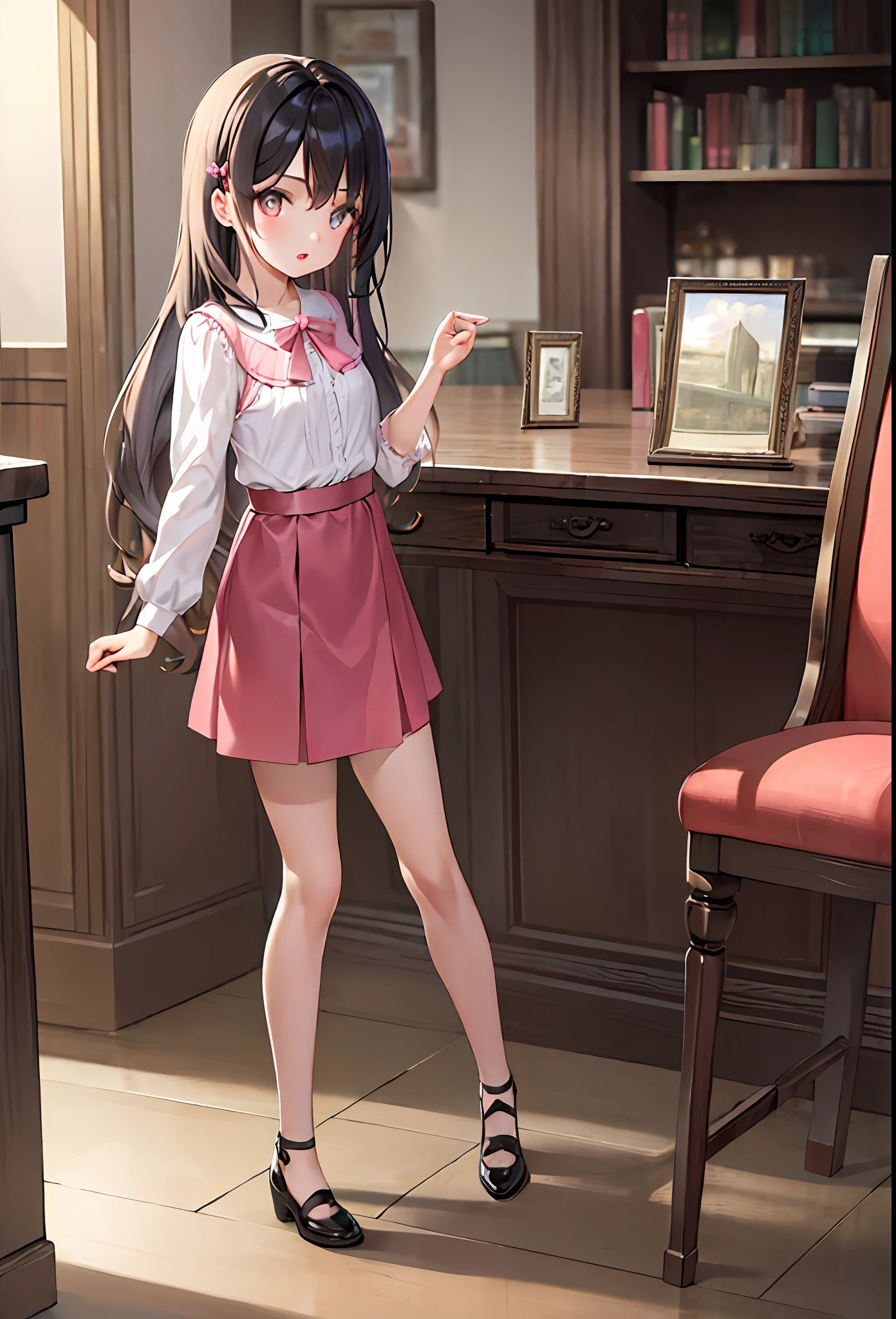 (masterpiece, best quality:1.3),

full body,small breast,

1 young girl,  jirai fashion with pink blouse  ,black hair, long hair, looking at viewer,
shop, book, shelf,table,