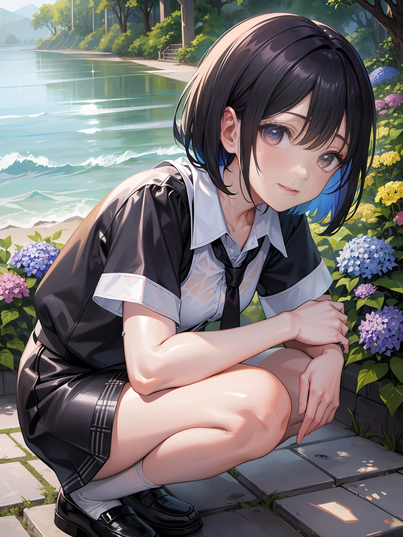 ((masterpiece, super detailed, fine detail, top quality, illustration)), blue sky, 20-year-old woman, beautiful woman, beautiful wet black hair, bob cut, beautiful red eyes, close-up, wet white shirt, tie, checked miniskirt, black socks, black shoes, a lot of hydrangea, rainbow visible, whole body, smile, looking up at the sky, squatting,