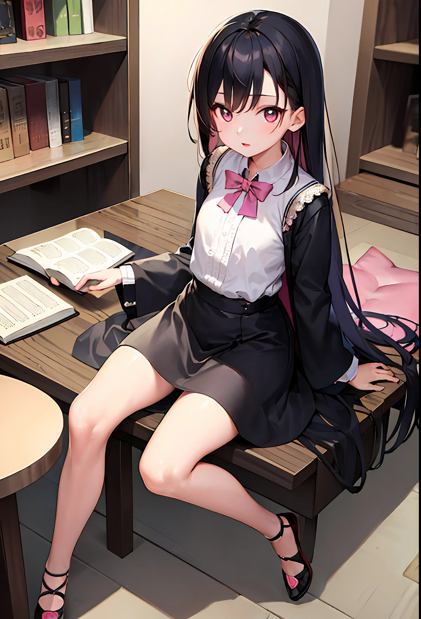 (masterpiece, best quality:1.3),

full body,small breast,

1 young girl,  jirai fashion with pink blouse  ,black hair, long hair, looking at viewer,
shop, book, shelf,table,