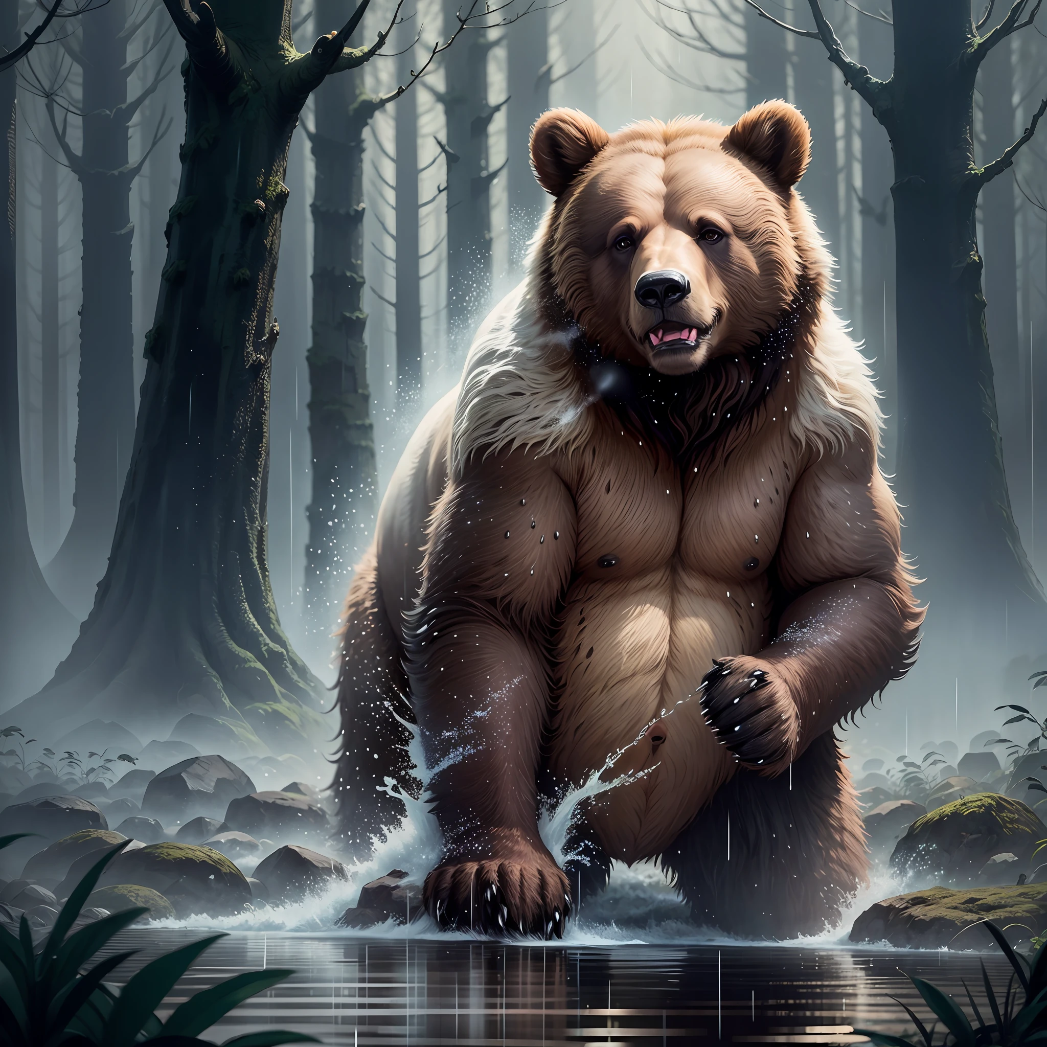 Brown bear, scary, giant, dark forest, night, rain, realistic --auto --s2