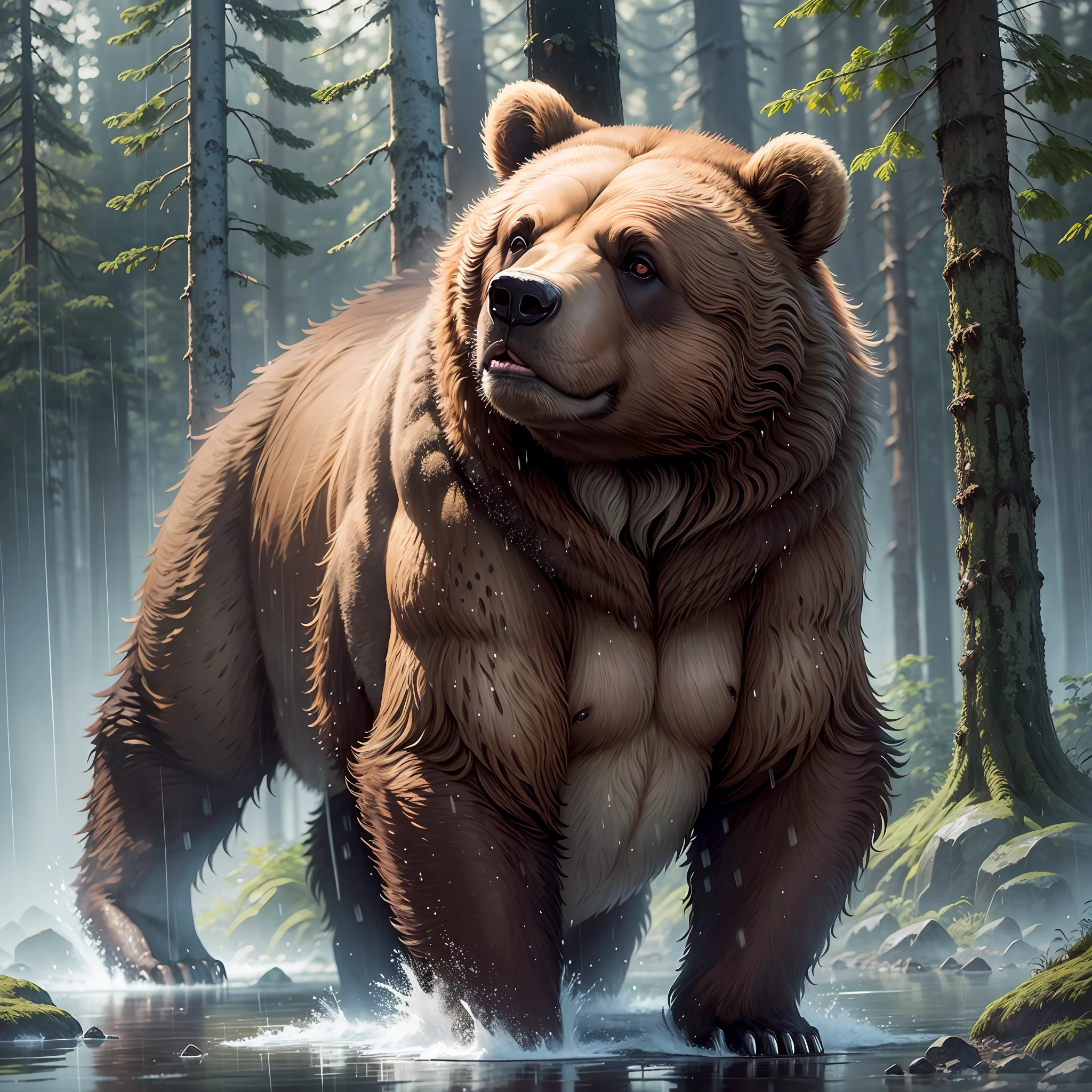 Brown bear, scary, giant, dark forest, night, rain, realistic --auto --s2