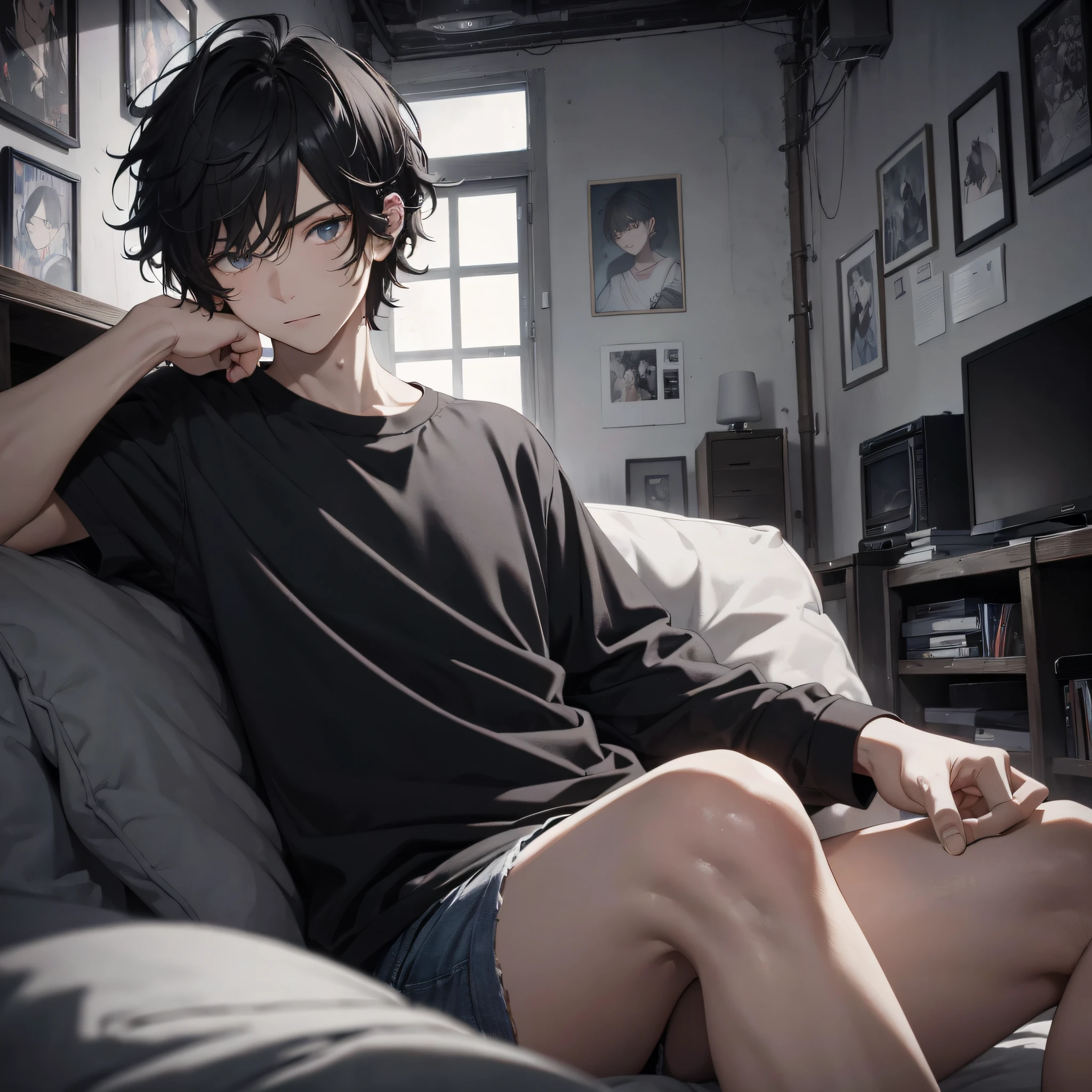 Absurd resolution, high resolution, (masterpiece: 1.4), hyper-detail, young man messy short black hair, black casual clothes, eerie room, lying on the sofa watching TV