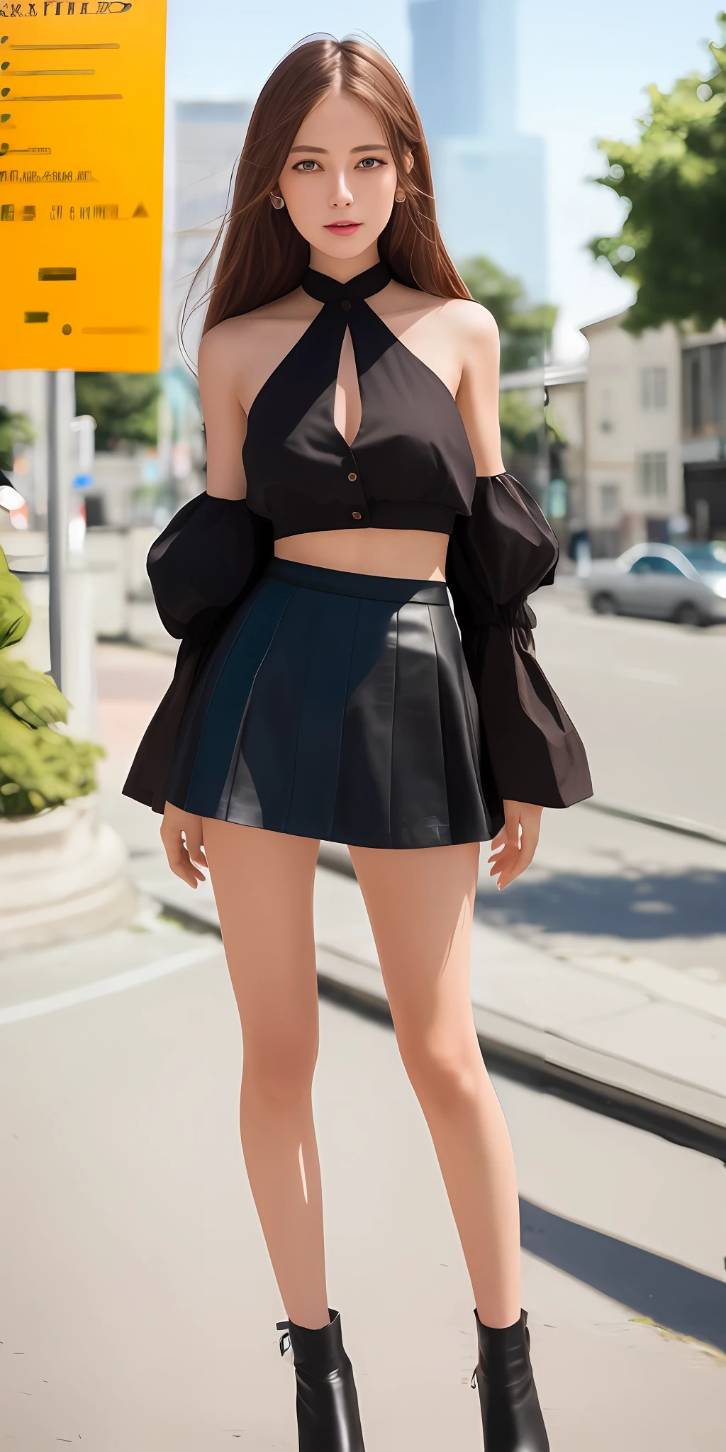 1girl,solo,full body,see shoes,longhair,swept bangs,long leg,thin legs,black mini skirt,white heels,(finely detail,an extremely delicate and beautiful,ultra-detailed,highly detailed,extremely detailed eyes and face),background modern street,(8k,best quality,masterpiece,huge_filesize,RAW photo,photo-realistic),clavicalis,photography,incredibly absurdres