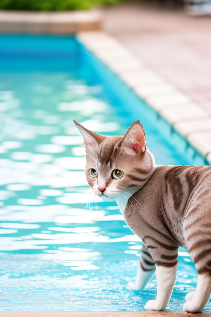 Cute Ameriican Shorthair cat kitten, swimming in the pool,eos r3,24mm,body is wet