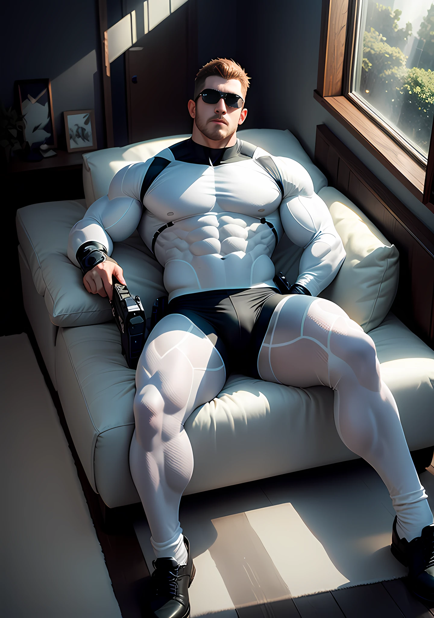 Allad man in milky white clothes, lying on a white and soft sofa bed with warm fluff, muscle hero, Buzz Cut, tall and burly, muscular! Wearing black sunglasses, tall and burly, stealth suit, symmetrical floral texture design thick thermal tights, super buff and cool, high resolution committee, character design (Resident Evil - Chris Redfield), black military boots, attractive strong man, sunlight shining through the window