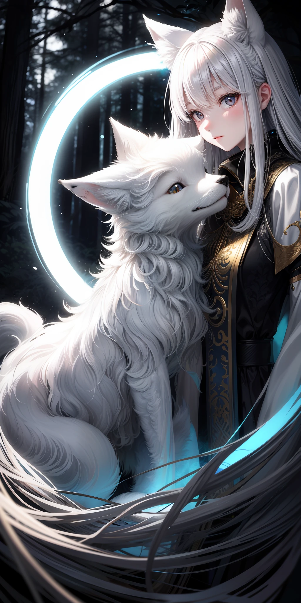 In a mysterious forest, a pure white fox shuttles gracefully, its fur shimmering silver-white, and its eyes reveal wisdom and mystery. It is best to draw a side face that is facing the line of sight, and likes artistic style and infectious depictions.