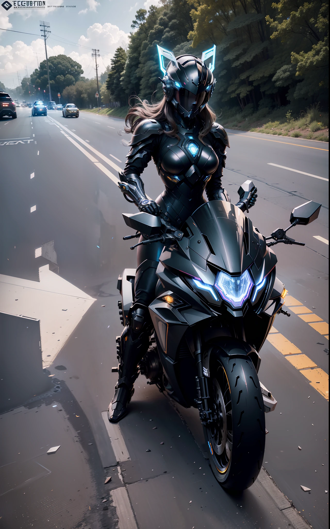 Cyber Warrior Woman and Cyber Mechanical Motorcycle, Full Body Exquisite High-Tech Armor, Exquisite Black Tech Helmet, Nousr, Biomechanics, MSHN Robot Man, High-Tech Helmet, Surreal, Steel, Intricate Design, Crazy Details, Fine Details, Extremely Clear Lines, Cinematic Lighting, Photo Realistic, Detailed Masterpiece