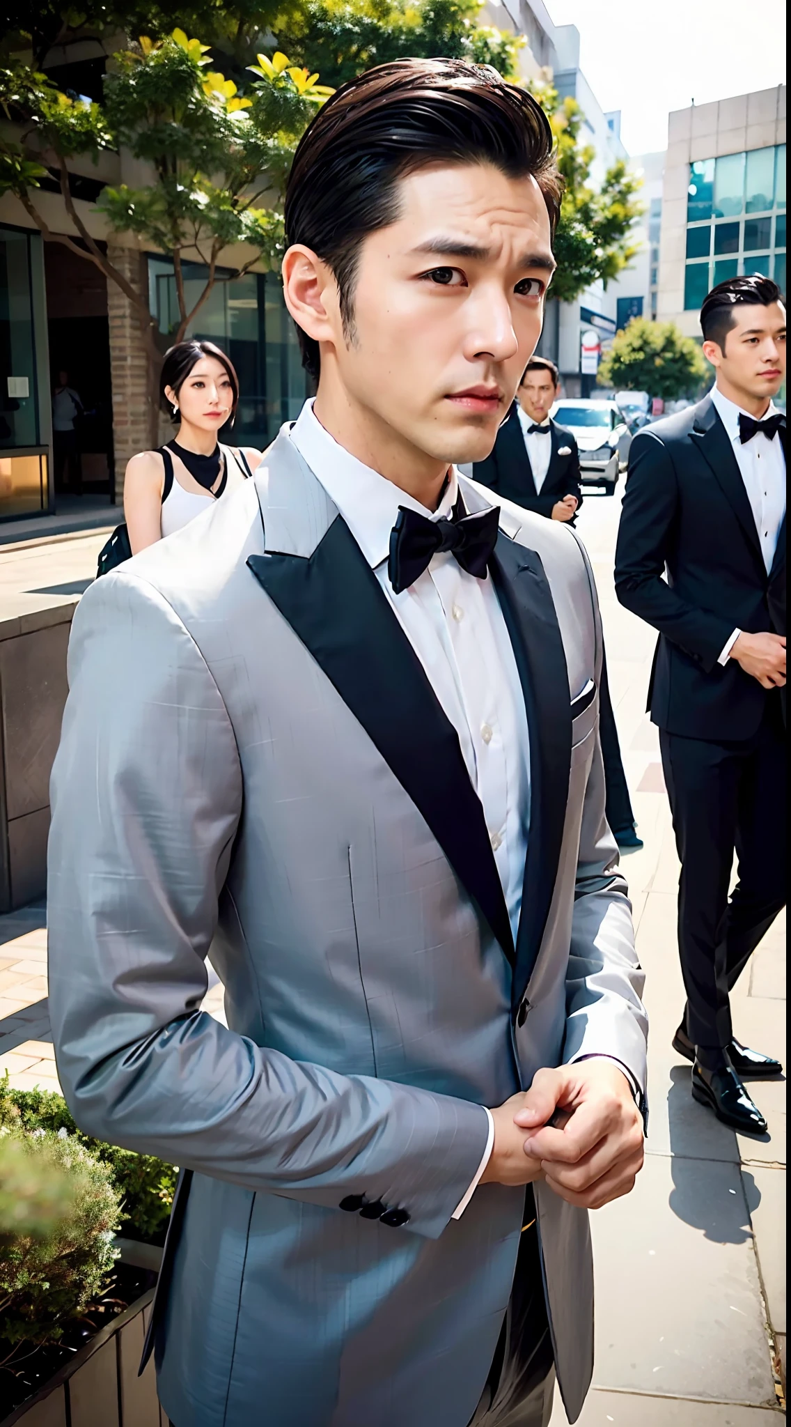 1boy, 35 years old Japanese male, (male:1.5), gray eyes, squint, (very short hair:1.3), under_cut, Pompadour, ((formal)), ((suit)), (handsome, sharp) , fierce facial features,))), (stout muscular body), (stout physique), SFW, outdoors, detailed background, modern urban,