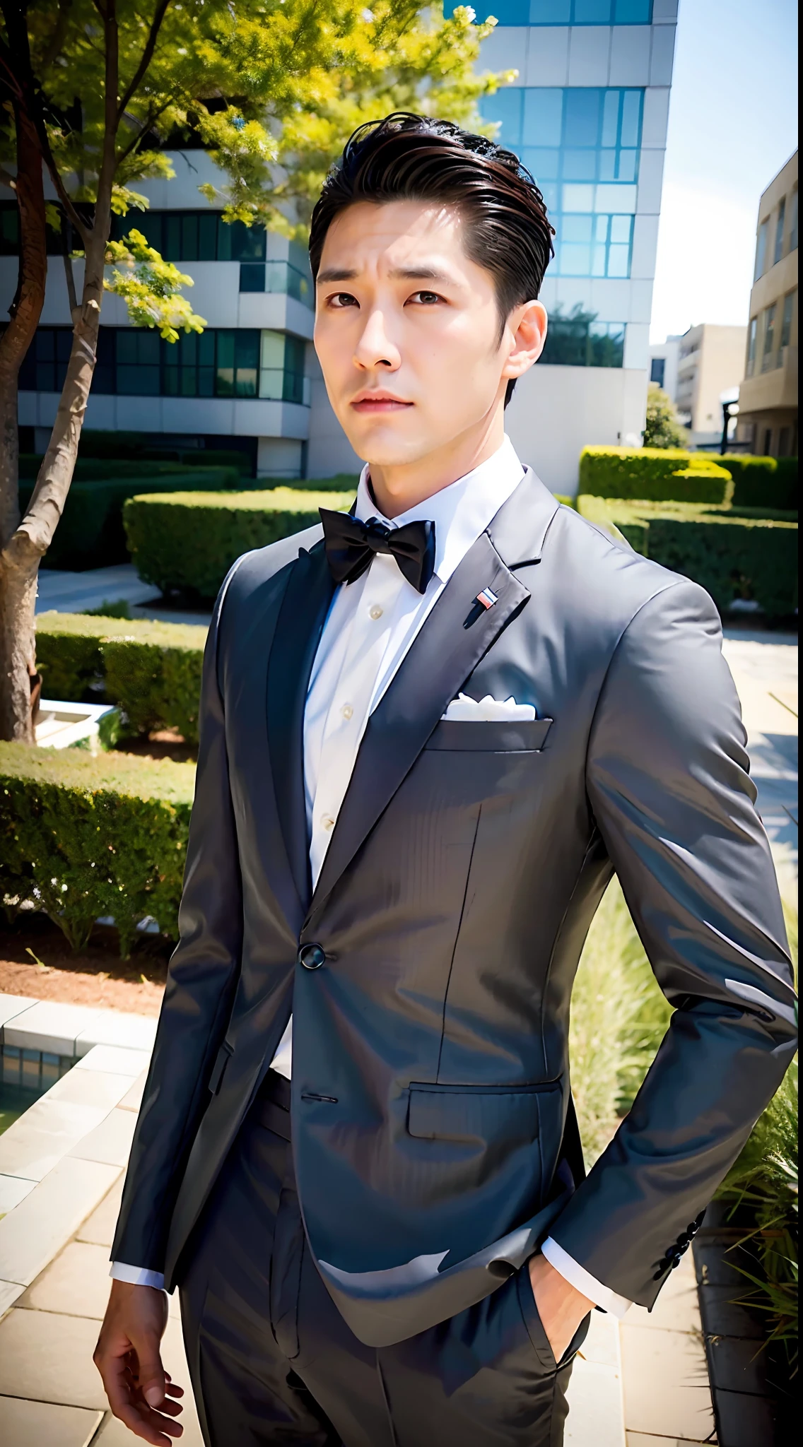 1boy, 35 years old Japanese male, (male:1.5), gray eyes, squint, (very short hair:1.3), under_cut, Pompadour, ((formal)), ((suit)), (handsome, sharp) , fierce facial features,))), (stout muscular body), (stout physique), SFW, outdoors, detailed background, modern urban,