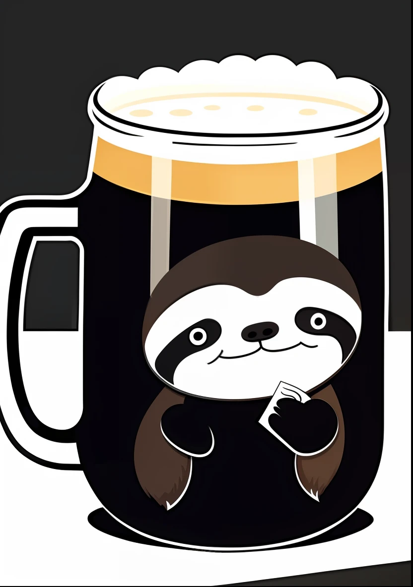 black and white flat simple illustration drawing thick loose most minimum few line,a cute sloth and beer