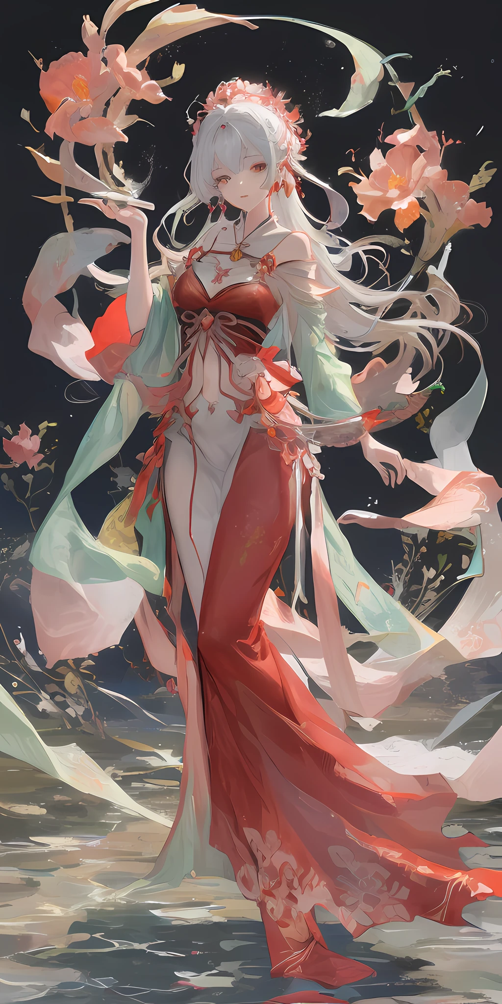 close-up, (beautiful girl), stone garlic, flower, (beautiful girl), bust photo, moist lips, sad eyes, skin, long hair, smooth and delicate skin, red clothes, brilliant and colorful, fantasy art, mysticism, dream scene, dream, dream light, seduction, psychedelic, misty halo, (((night))), river bank, full of flowers, dreamy, flying red tiny petals, red fluorescent petals, fluorescent flowers, fluorescent flowing water, standing in the water, shallow water, Master works, extreme detail, displaning correct, correct limbs, accurate, hud, HD, mechanism detail, 8K, red light
