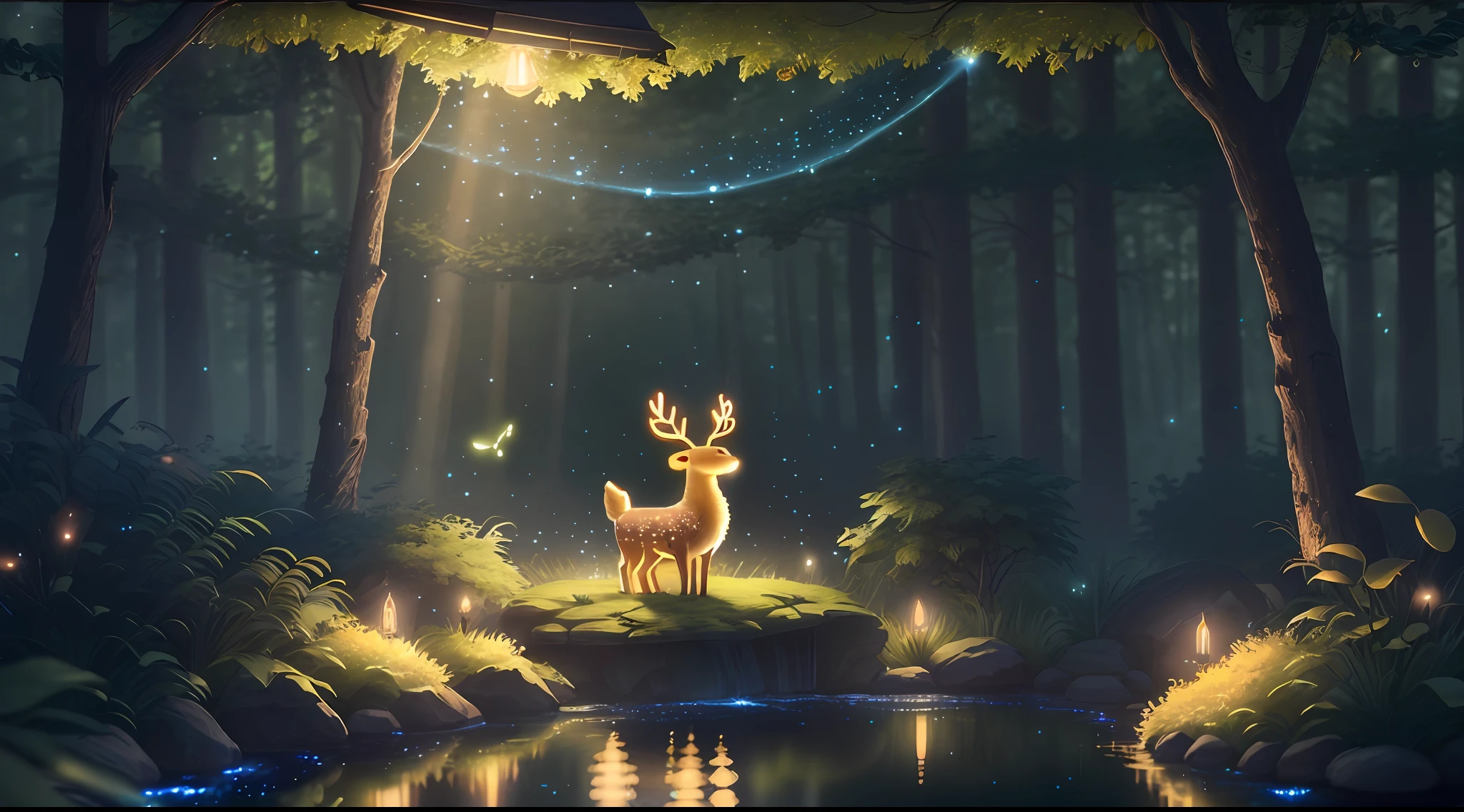 Masterpiece, best quality, (very detailed CG unity 8k wallpaper), (best quality), (best illustration), (best shadows), glow sprite, with a glowing deer, in the swimming pool Drinking water, natural elements in the forest theme. Mysterious forest, beautiful forest, nature, surrounded by flowers, delicate leaves and branches surrounded by fireflies (natural elements), (jungle theme), (leaves), (twigs), (fireflies), (particle effects) etc. 3D , Octane rendering, ray tracing, super detailed