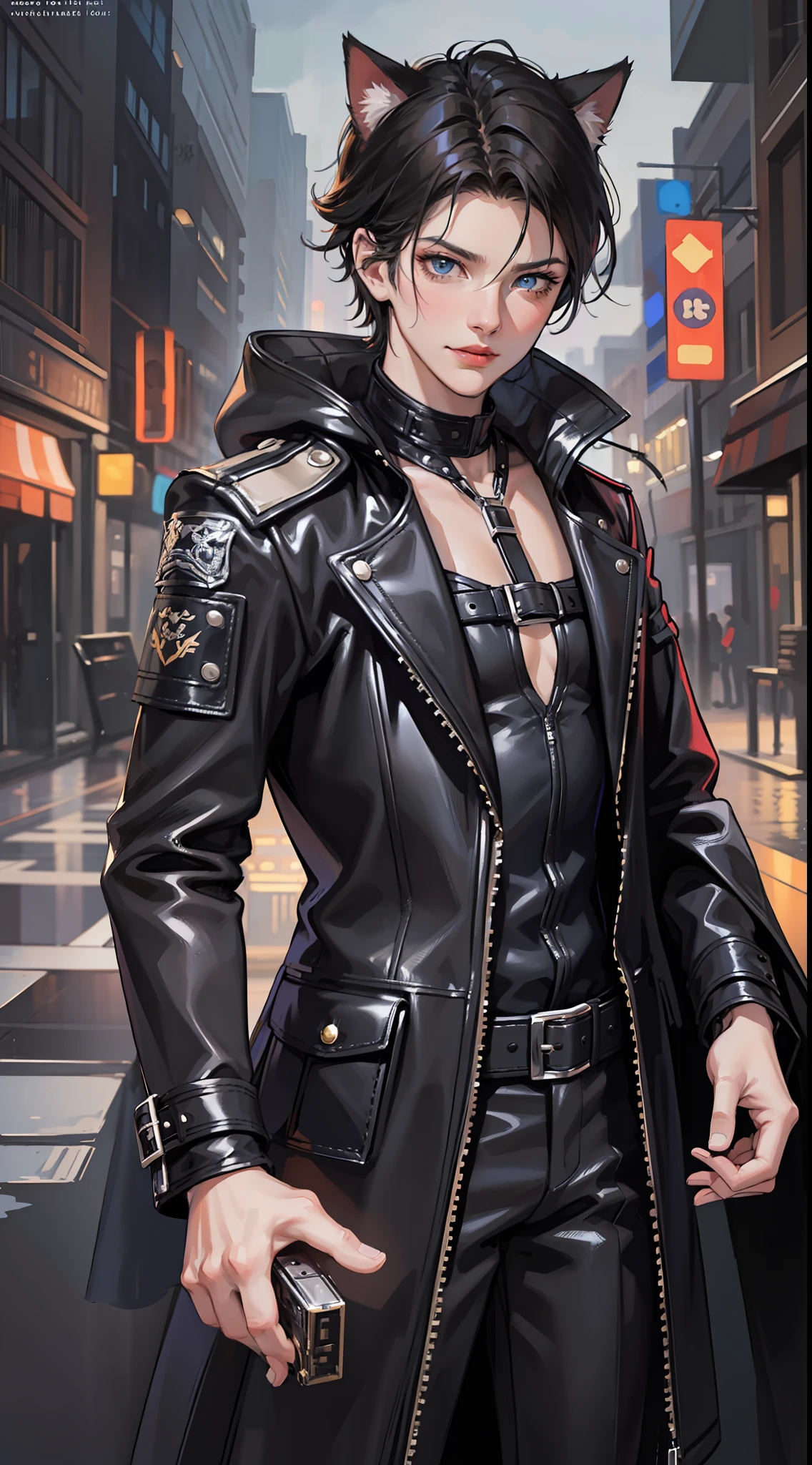 Adult man, short black hair, blue eyes, cat ears, leather cloak uncovered, night city, rain, smirk, masterpiece, high quality