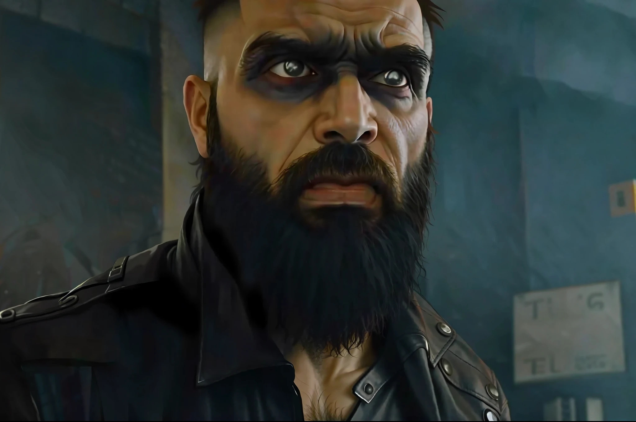 A closeup of a man with beard and leather jacket, illustration style, Cartoon, menacing look, screenshot of Morbius (2022), scary-looking man alive, intense demonic look in the eyes, screenshot of a movie, look, still from a music video, his eyes are bleeding intensely, cyberpunk fight, smug look, cyberpunk style, hyperrealistic