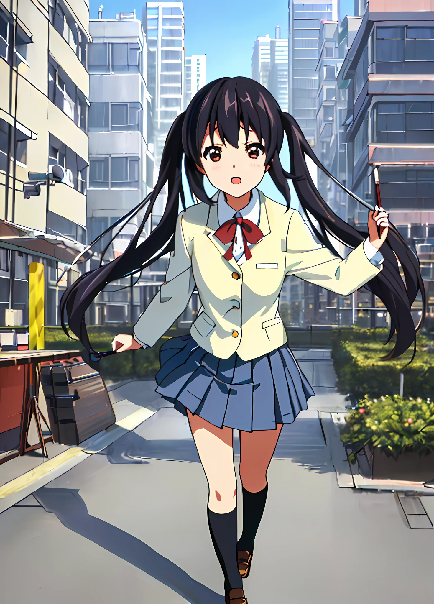 1girl, ((((Masterpiece))), Best Quality, Best Quality, High Detail, Azusa Nakano, 1girl, Sakuragaoka High School Uniform, Musical Instrument, School Uniform, Twin Tails, Long Hair, Black Hair, Brown Eyes, Solo, Red, Dark blue blazer with a thin ribbon of red, Solid white button shirt under blazer, Illustration, Cartoon, Soothing tones, Muted colors, Soft cinematic light, Adobe Lightroom, Photo Lab, HDR, complex and highly detailed, (((depth of field))))). (((Masterpiece))). (((highest quality))).) ((super detail))). (((Illustration))). (((Outside))). (((fighting stance))).,((((Giantization))).dynamic focus.small breasts. (((skyscrapers))). (((Cityscape))). (((Face of sadness))). open mouth.