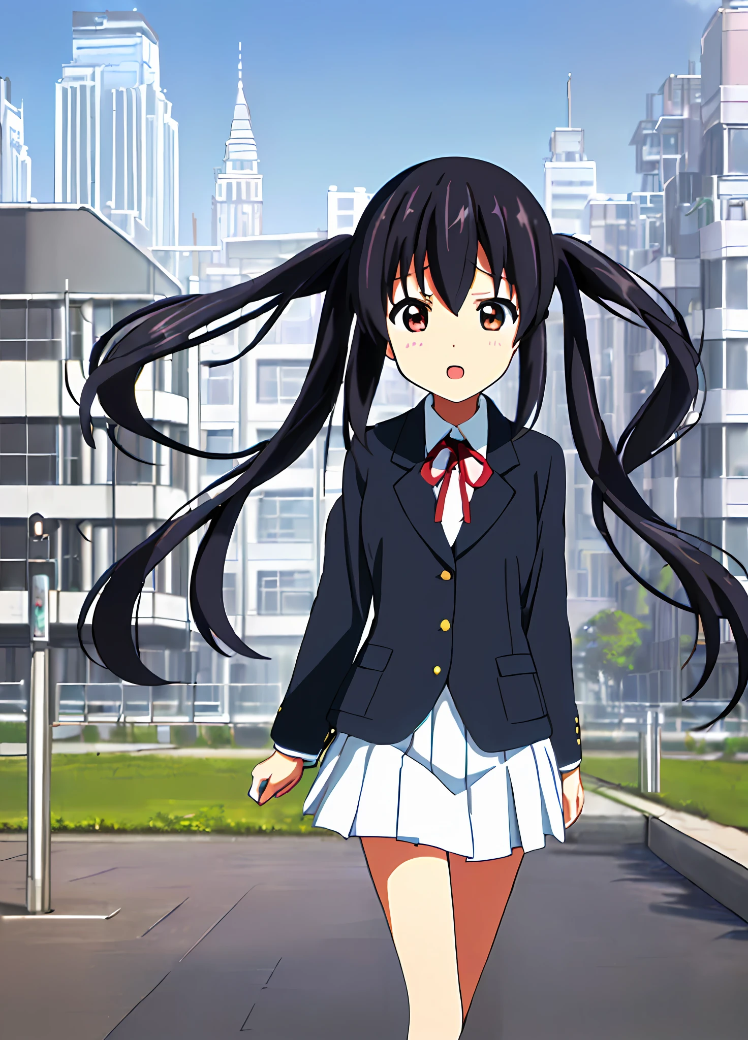 1girl, ((((Masterpiece))), Best Quality, Best Quality, High Detail, Azusa Nakano, 1girl, Sakuragaoka High School Uniform, Musical Instrument, School Uniform, Twin Tails, Long Hair, Black Hair, Brown Eyes, Solo, Red, Dark blue blazer with a thin ribbon of red, Solid white button shirt under blazer, Illustration, Cartoon, Soothing tones, Muted colors, Soft cinematic light, Adobe Lightroom, Photo Lab, HDR, complex and highly detailed, (((depth of field))))). (((Masterpiece))). (((highest quality))).) ((super detail))). (((Illustration))). (((Outside))). (((fighting stance))).,((((Giantization))).dynamic focus.small breasts. (((skyscrapers))). (((Cityscape))). (((Face of sadness))). open mouth.