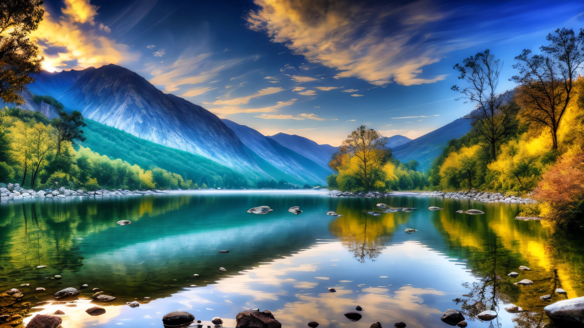 mountains are reflected in the water of a river with rocks, photorealistic landscape, image full of reflections, clear reflection, mountains river trees, detailed scenery —width 672, high reflections, realistic reflections, natural reflections, hyperrealistic landscape, glassy reflections, landscape photo-reality, ethereal landscape, serene landscape, peaceful landscape, reflections ray, lake reflection