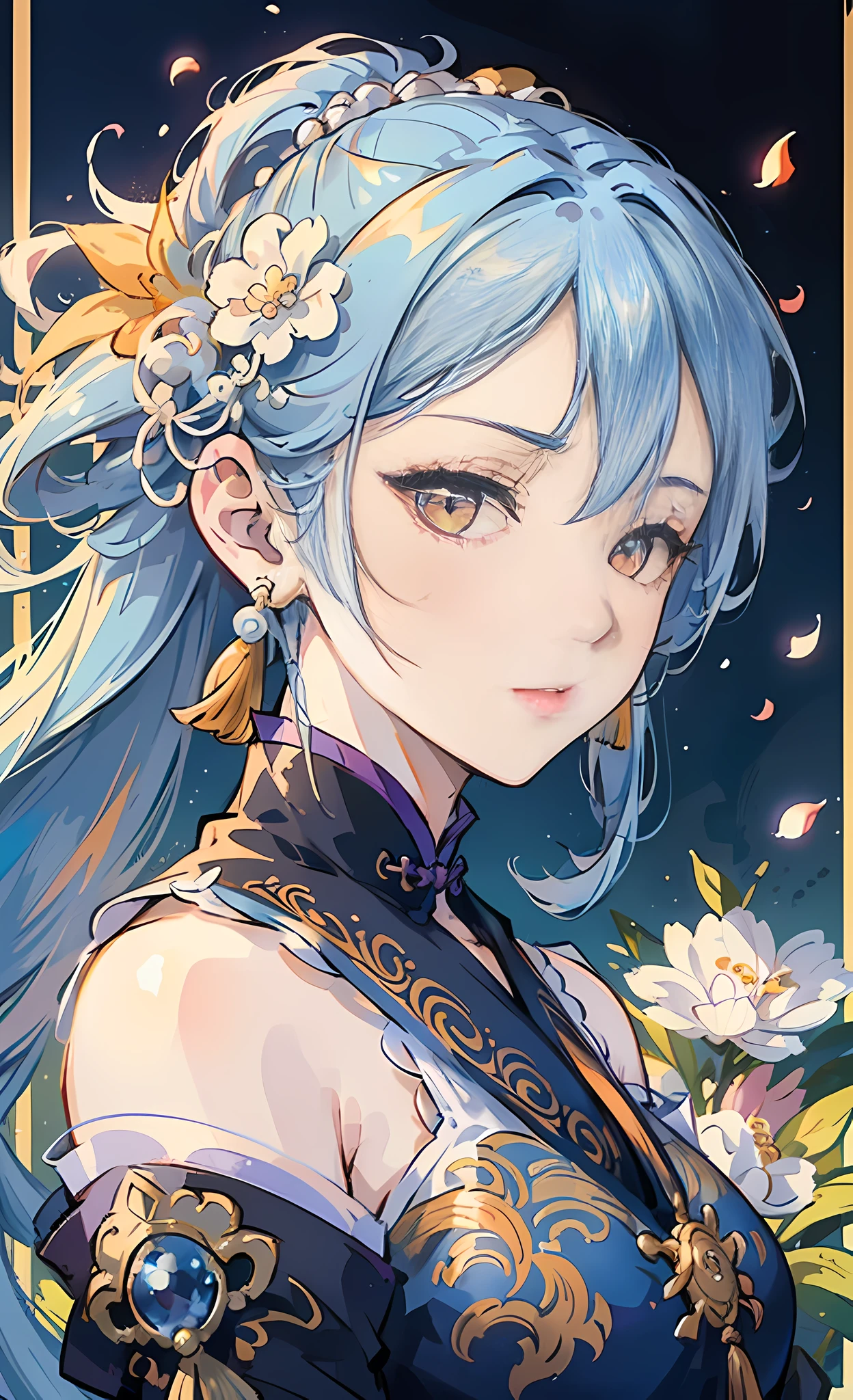 Mature girl, orange eyes, blue-white hair color, floating hair, delicate and flexible eyes, intricate damask hanfu, gorgeous accessories, wearing pearl earrings, fov, f/1.8, masterpiece, ancient Chinese architecture, blue sky, flower petals flying, front portrait shot, Chang'e, side lighting, sunlight on people, 8K