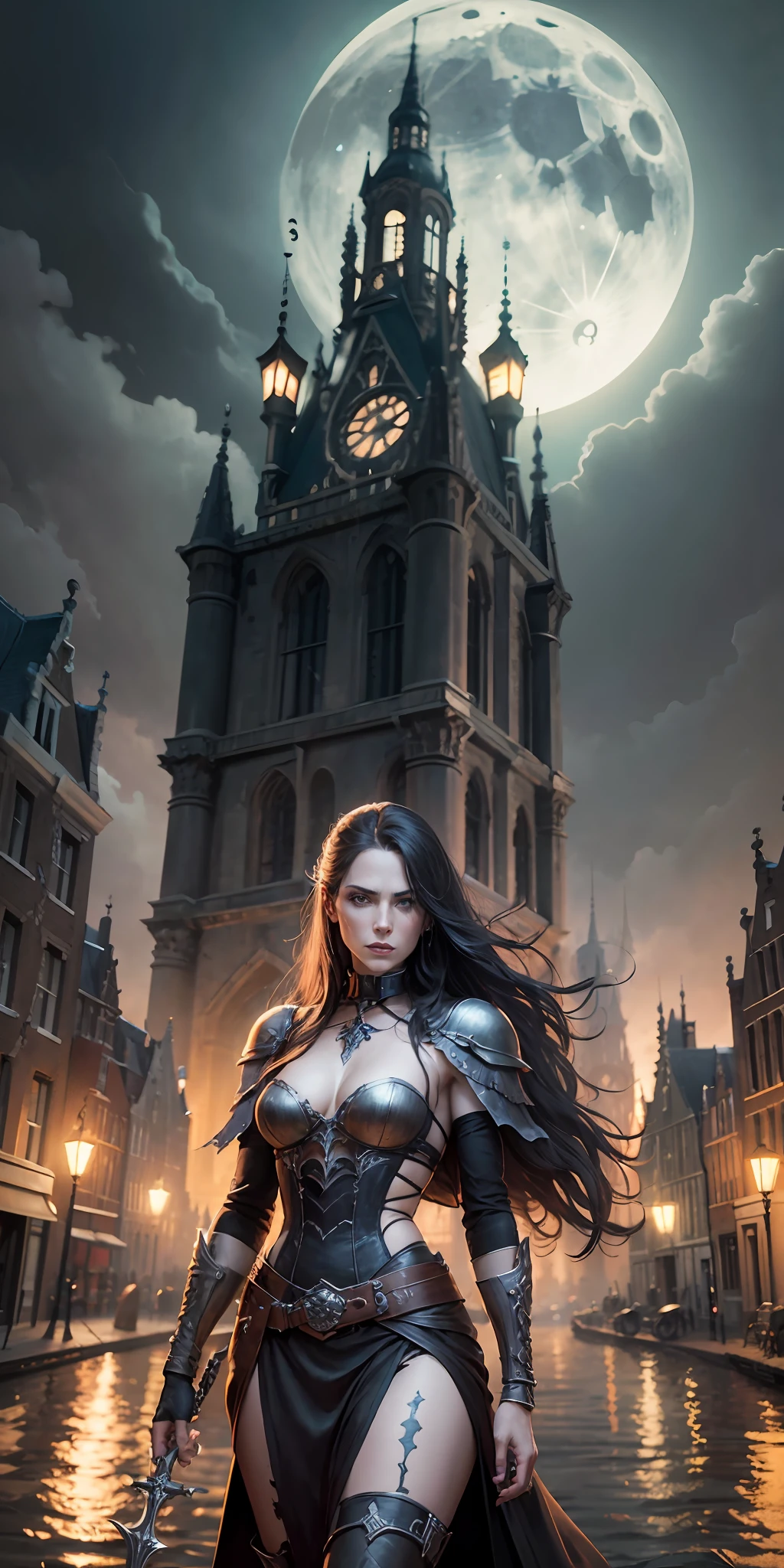 Van Helsing from Netherlands stands imposing in a gothic lost Amsterdam city. Moonlight highlights your muscles and scars. The scenery is lush and mysterious, with retrofuturistic tech and surroundings. The camera details everything, a warrior woman, in front of him. --auto --s2