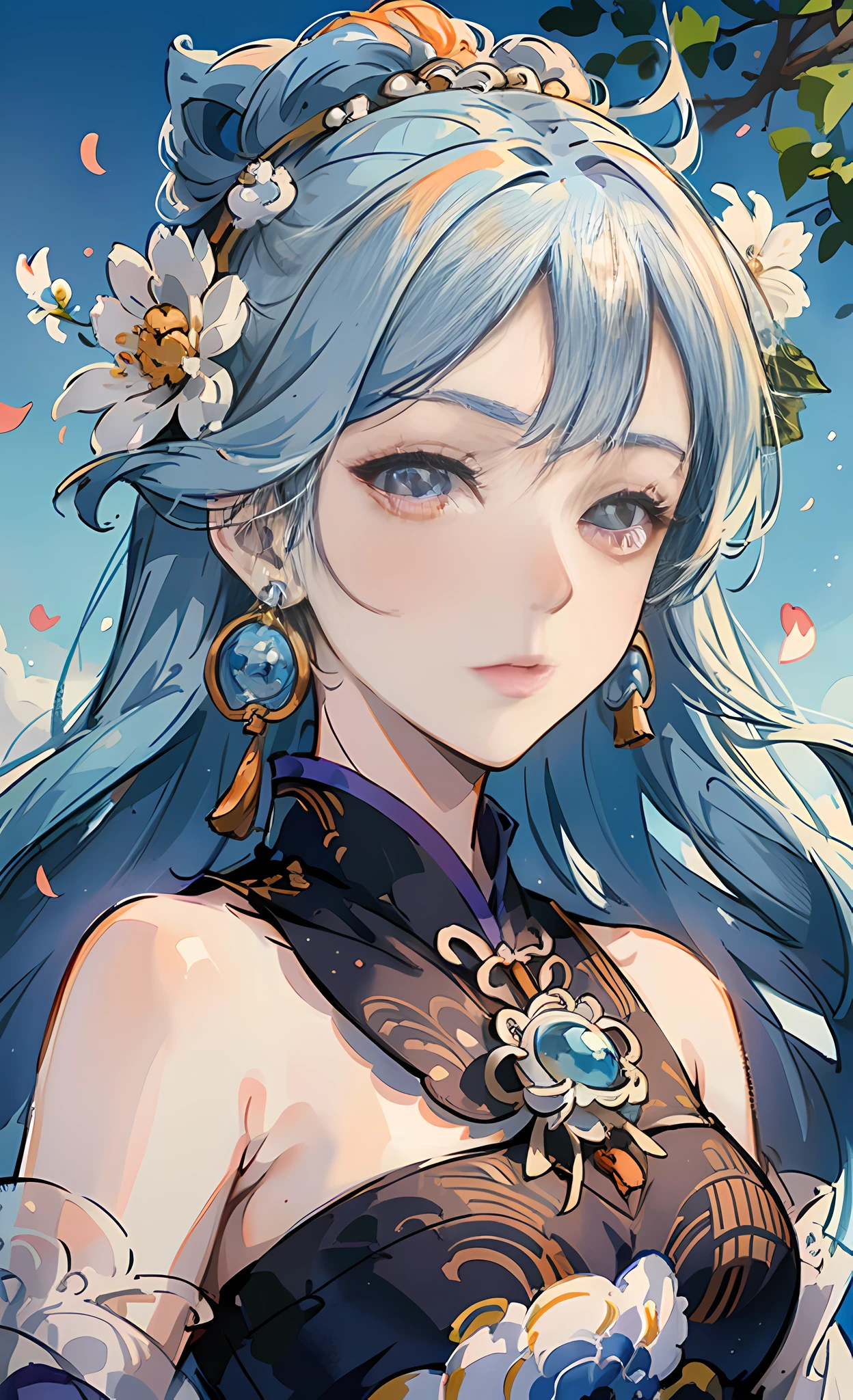 Mature girl, orange eyes, blue-white hair color, floating hair, delicate and flexible eyes, intricate damask hanfu, gorgeous accessories, wearing pearl earrings, fov, f/1.8, masterpiece, ancient Chinese architecture, blue sky, flower petals flying, front portrait shot, Chang'e, side lighting, sunlight on people, 8K