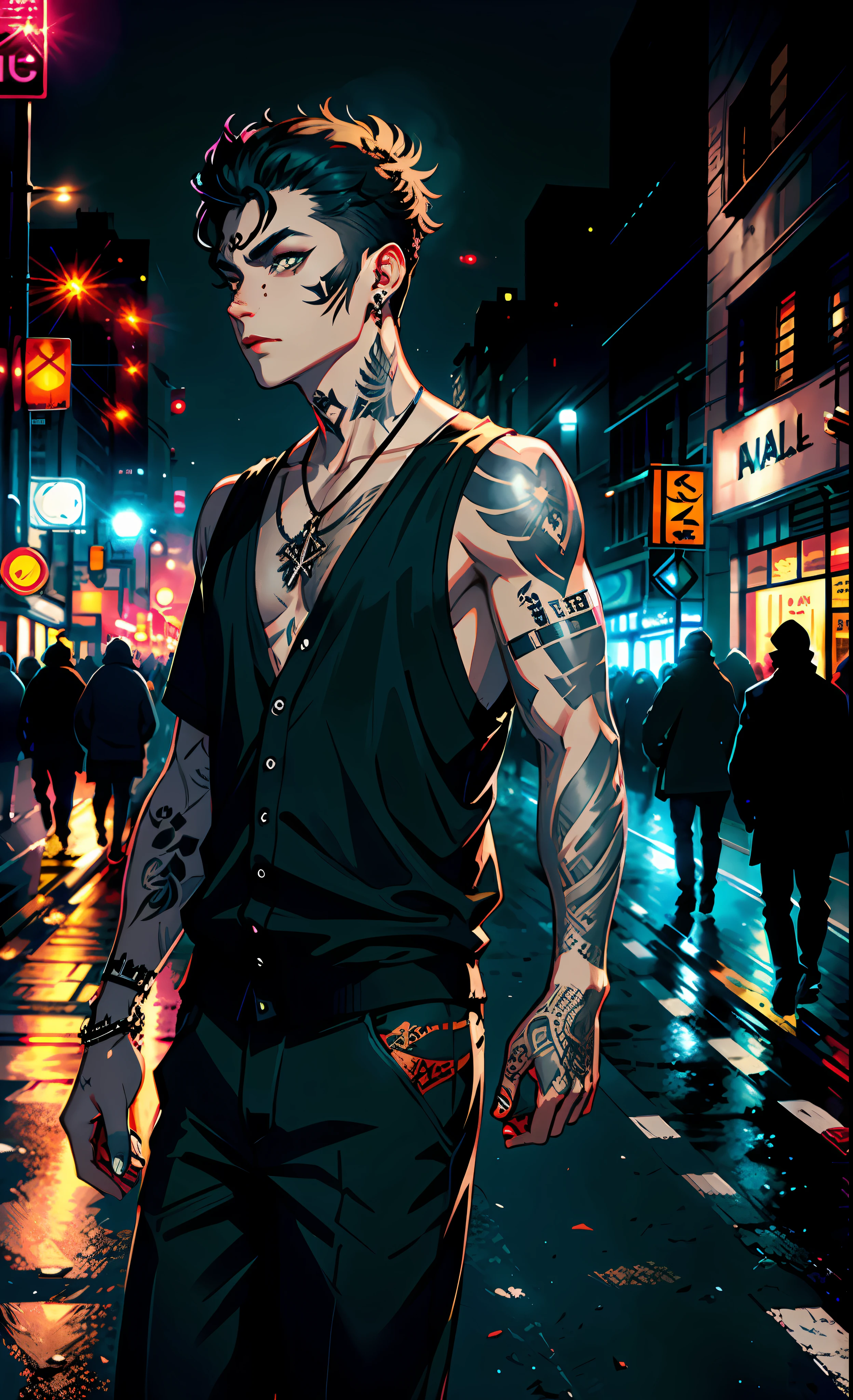 Creative inspiration: (1 man), (black tattoo: 1.2), (smoky makeup), (night city), (bustling street), (road perspective), halo effect