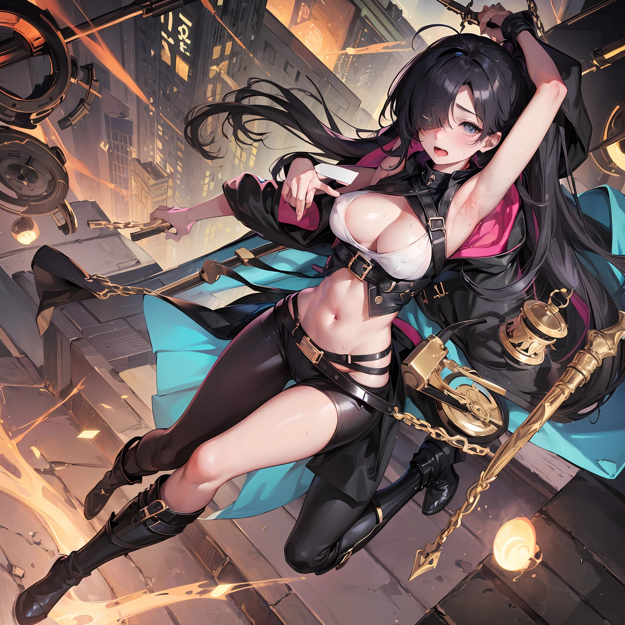 fantasy,1 girl, belt, blue_eye, blush, big_, cloak, hood, black_medium_hair, ((((long_bangs,hair_over_one_eye)))++, seethrough_bodysuit, harness, navel,open_mouth, public,in_fantasy_city_ background,sweat, armpits, thighs, boots, groin, sweat,_juice, dynamic_pose_jumping, dynamic_angle, covered_, covered_nipples, happy,sleepy,confused,clenched_fist