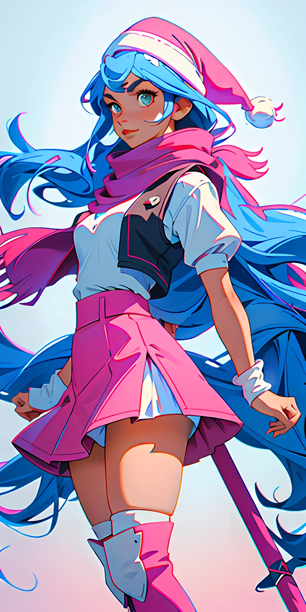 (masterpiece, best quality), 1girl, long hair, blue hair, white T-shirt, black vest, medium breasts, pink skirt, red scarf, white winter hat, pink riding boots, black stockings,