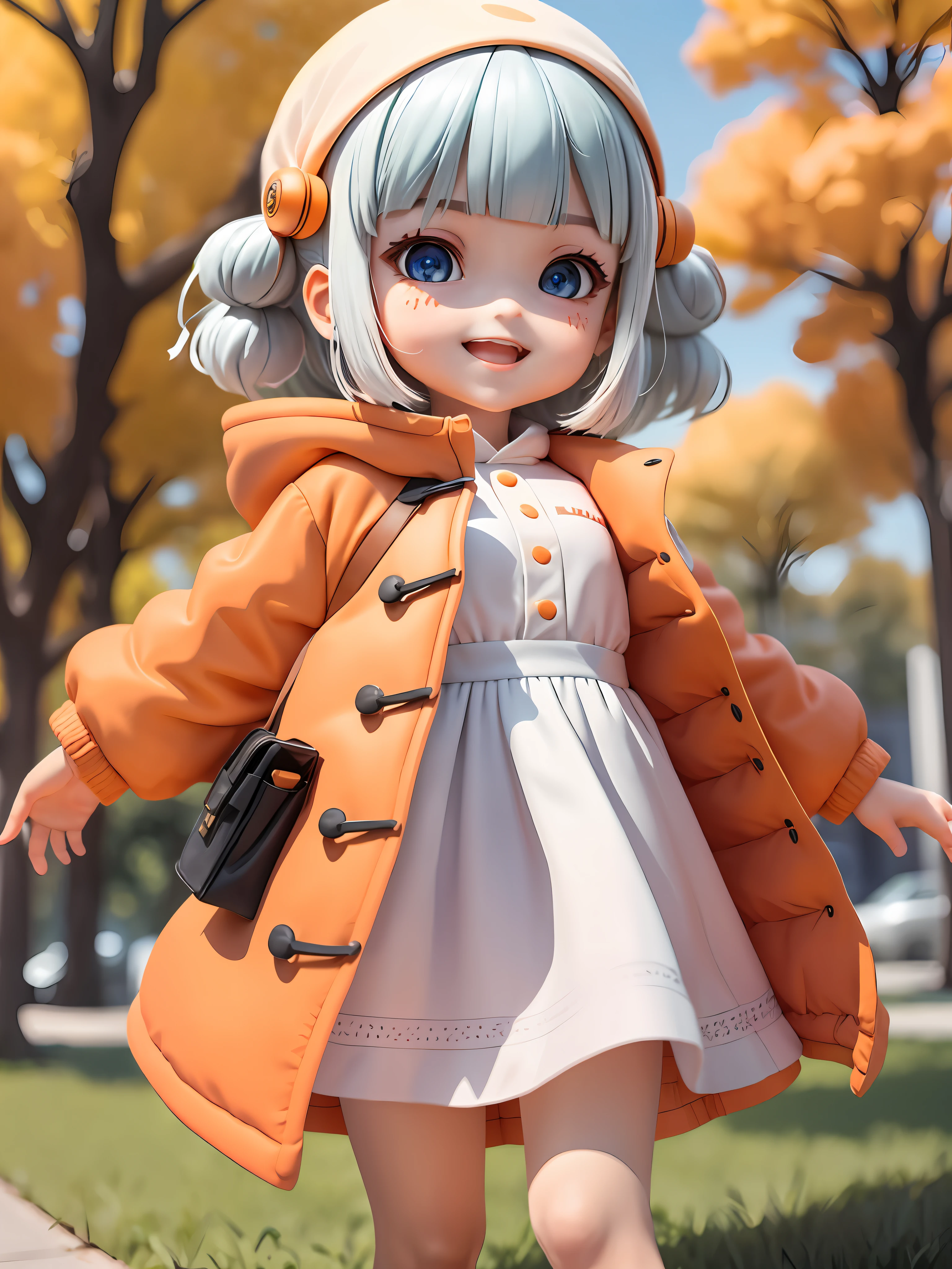 (Daisaku), (Extreme), (Ultra Detailed), (Prime: 1.9), 1girl, Sunshine, Cute, Orange, (Big Head: 1.8), Doll, Smile, Open Mouth, Urban, Fashion, Coat, Blush, Tree, Shirt, Short Hair, Orange, White Headdress, Blurry, Long Sleeves, Bangs, White Hair, (Beautiful and Delicate Face), (Beautiful and Delicate Eyes),