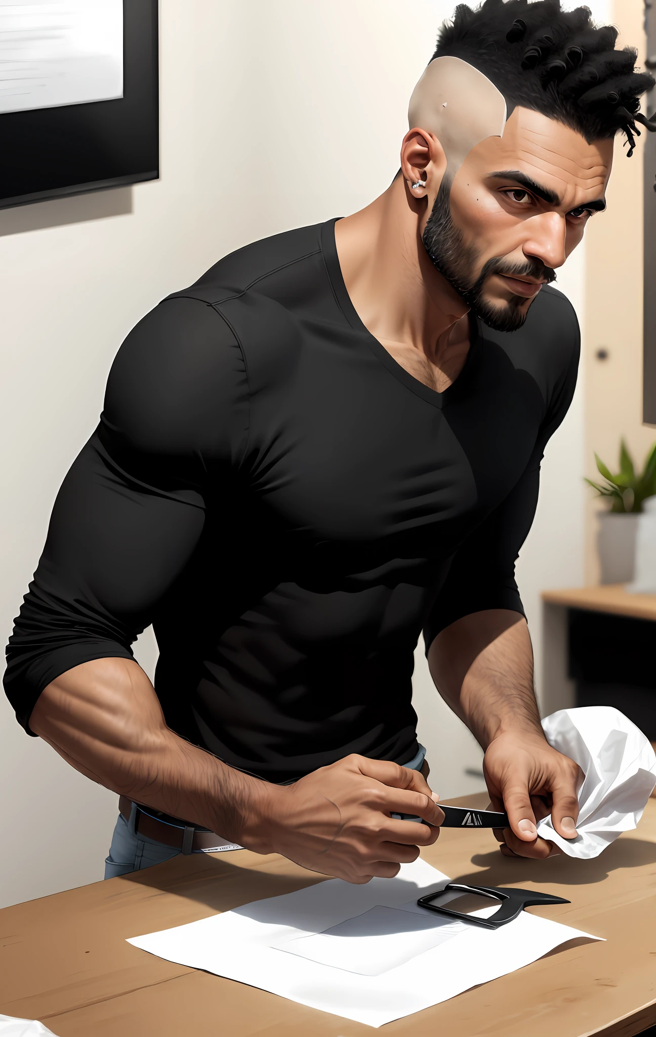 Brazilian man, 40 percent black 60 percent chalkstone, black shirt, shaved hair, sdgurando a scissors and tissue paper