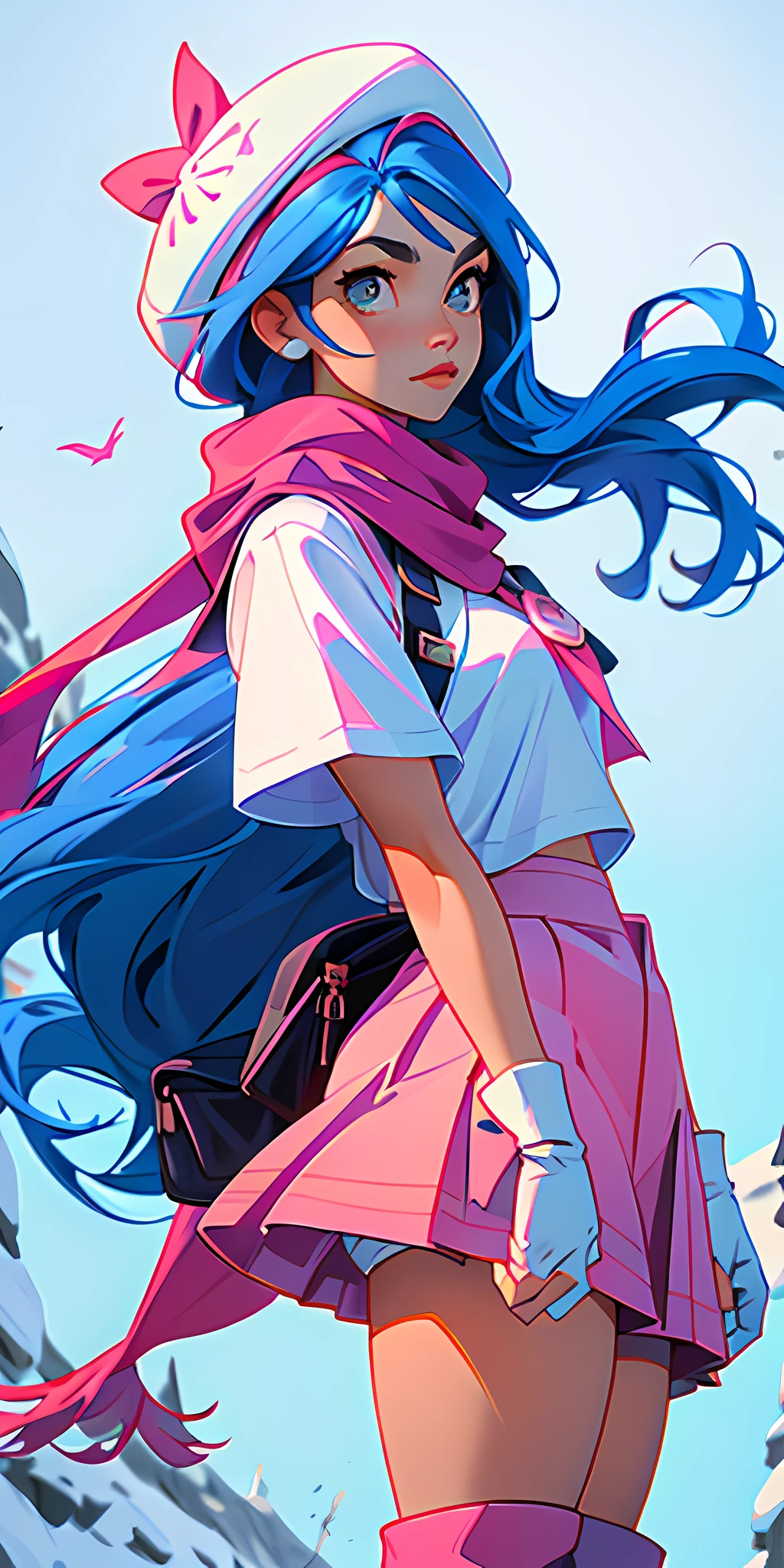 (masterpiece, best quality), 1girl, long hair, blue hair, white T-shirt, black vest, medium breasts, pink skirt, red scarf, white winter hat, pink riding boots, black stockings,