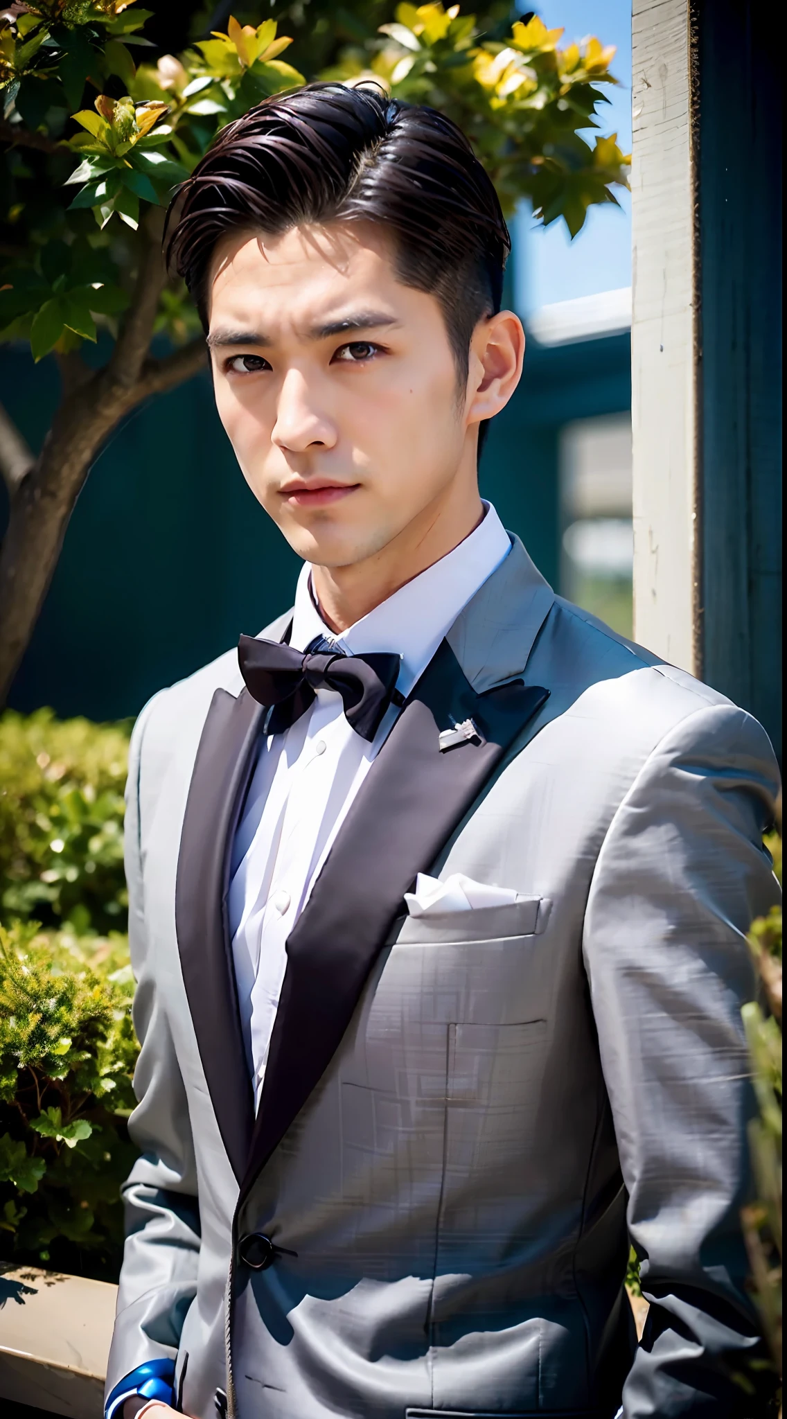 1boy, 35 years old Japanese male, (male:1.5), gray eyes, squint, (very short hair:1.3), under_cut, Pompadour, ((formal)), ((suit)), (handsome, sharp) , fierce facial features,))), (stout muscular body), (stout physique), SFW, outdoors, detailed background, modern urban,