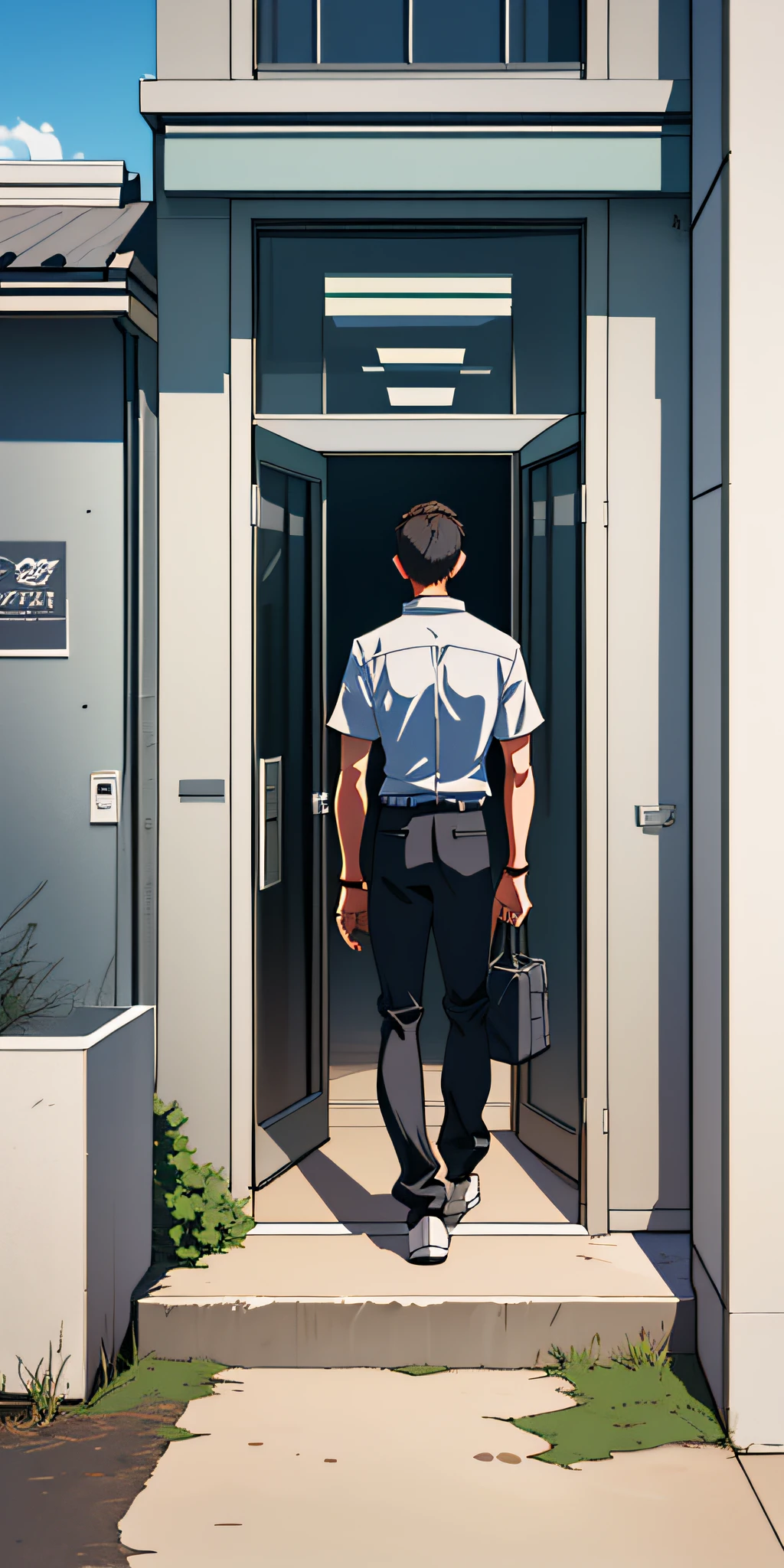 Best quality, (masterpiece), back of a 24-year-old boy walking into a company door, (ager), tall building, revolving door, helplessness, ((back))