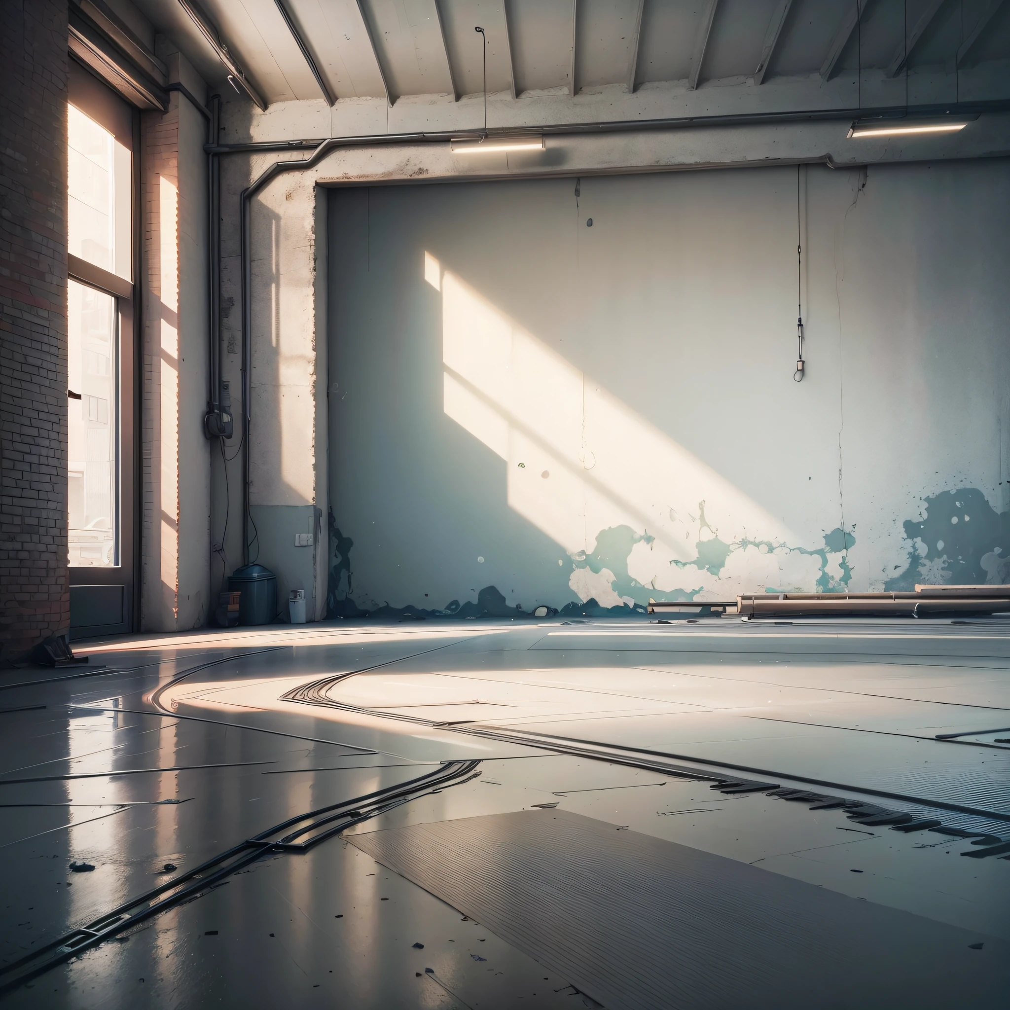 random background scene, interior background art, back room background, clean ground, clean material, dim lighting, [[empty warehouse]] background, factory background, background art, background artwork, interior background, 2D game environment design, indoor scene, 8K --auto --s2