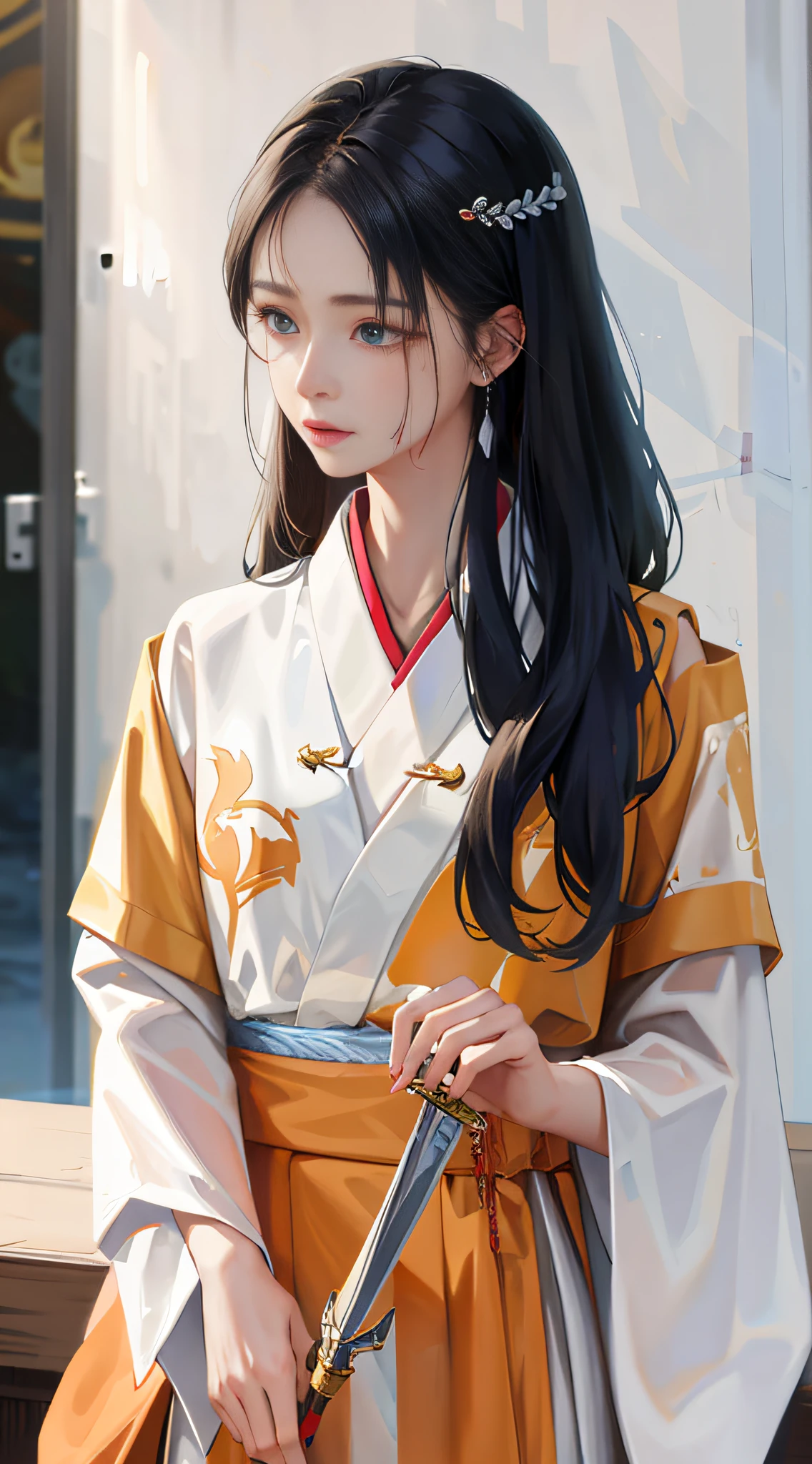 1girl, (hanfu), sidelighting, wallpaper, masterpiece, superlative, finger detail, night, outdoor, rainy day, branches, chinese style, ancient china, 1 woman, mature woman, silver-white long-haired woman, gray-blue eyes, pale pink lips, indifferent, serious, bangs, assassin, sword, white clothes, blood, violence, death, injury, blood, facial bloodstain, massive blood, facial detail, facial detail