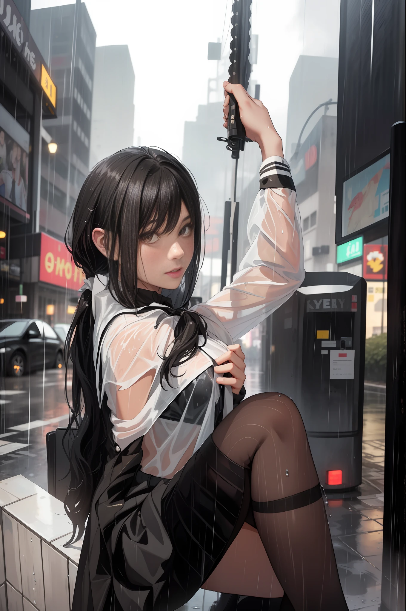 top quality, masterpiece, (in the rain), 20-year-old woman, beautiful woman, beautiful wet black hair, side ponytail, floral hair ornament, beautiful brown eyes, portrait close-up, wet white shirt, tie, checkered miniskirt, black socks, black shoes, thighs,