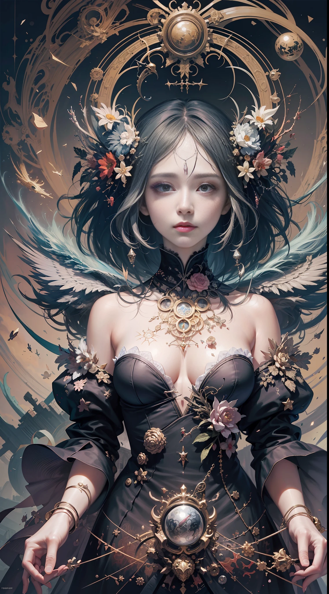 official art, unity 8k wallpaper, ultra detailed, beautiful and aesthetic, masterpiece, best quality, (zentangle, mandala, tangle, entangle), (fractal art:1.3) , 1girl, extremely detailed, dynamic angle, cowboyshot, the most beautiful form of chaos, elegant, a brutalist designed, vivid colours, romanticism, by james jean, roby dwi antono, ross tran, francis bacon, michal mraz, adrian ghenie, petra cortright, gerhard richter, takato yamamoto, ashley wood, atmospheric, ecstasy of musical notes, streaming musical notes visible