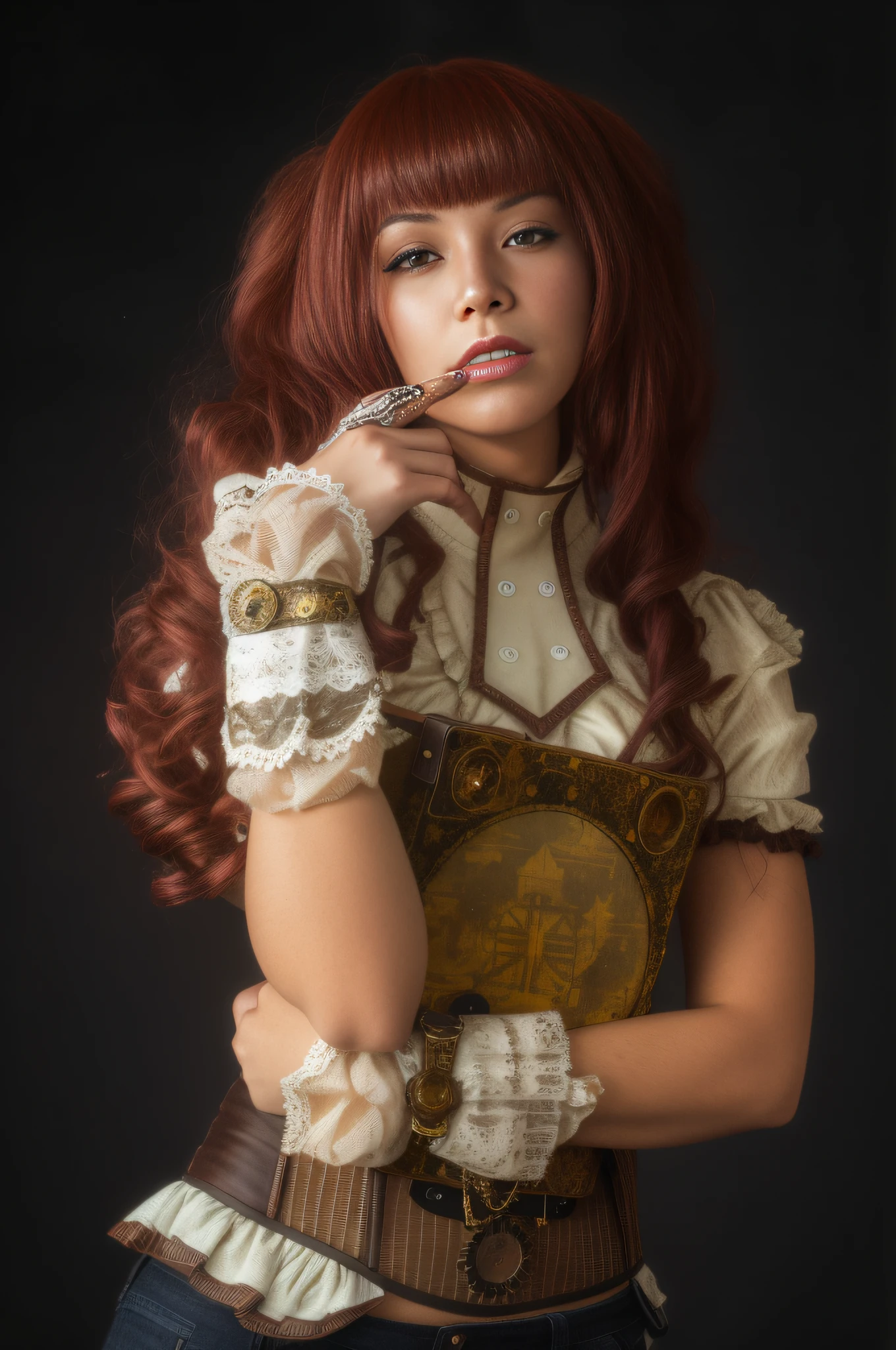 Arad woman with red hair and brown shirt poses for a photo, Young girl in steampunk clothes, Steampunk inventor girl, Steampunk girl, Wear steampunk costumes, Steampunk girl, Steampunk style, Portrait of a steampunk ice woman, Portrait of a mechanical woman, Wear detailed steampunk costumes, In the steampunk world, Set in a steampunk world, Steampunk fiction, sparkle, chiaroscuro, cinematic lighting, drop shadow, vignetting, Sony FE GM, 85mm, f/1.8, Neoclassicism