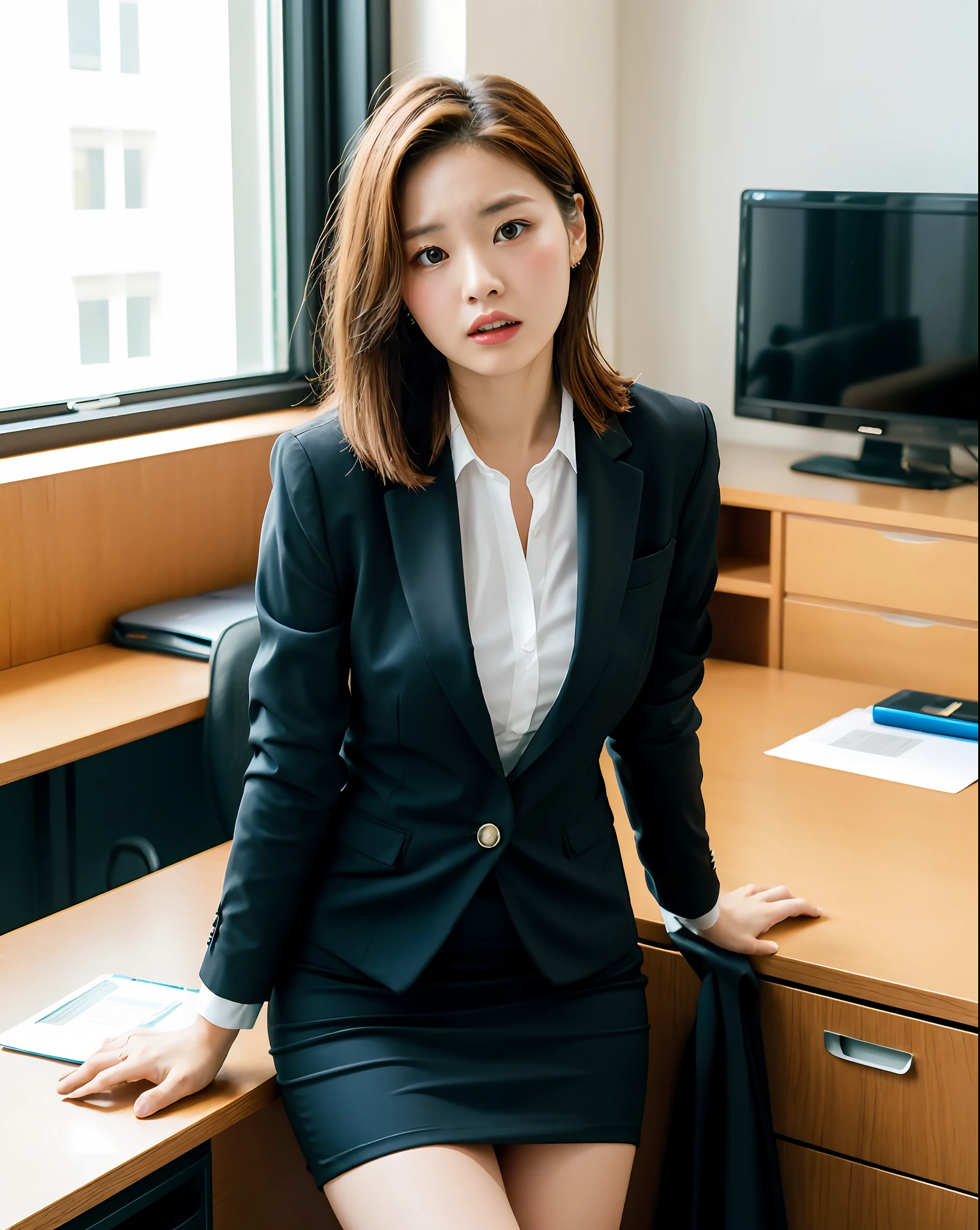Close up of one woman, 35mm masterpiece, black suit, worried face, miniskirt on office desk