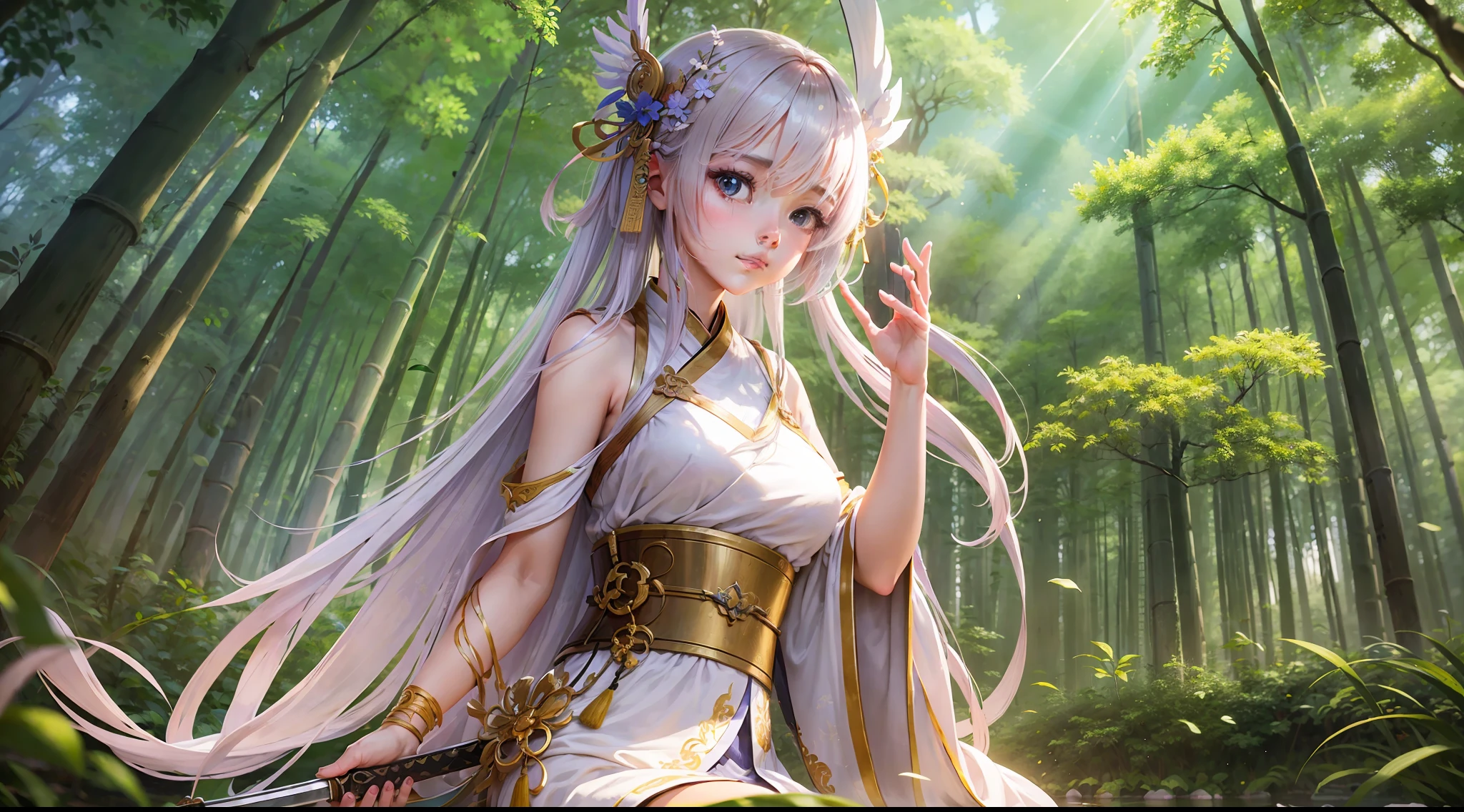 Super delicate 4K ancient style pure desire beauty, Hanfu, bamboo forest, sunlight obliquely in, real picture, holding a sword --auto --s2
