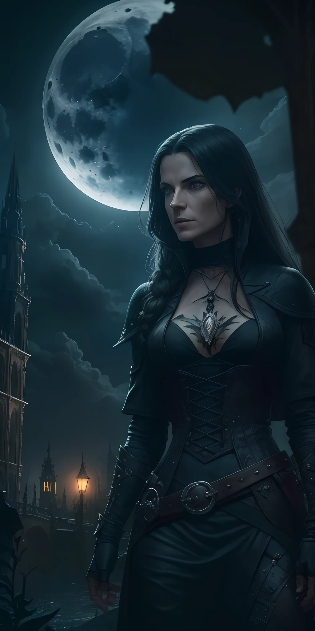 Van Helsing from Netherlands stands imposing in a gothic lost Amsterdam city. Moonlight highlights your muscles and scars. The scenery is lush and mysterious, with retrofuturistic tech and surroundings. The camera details everything. --auto --s2