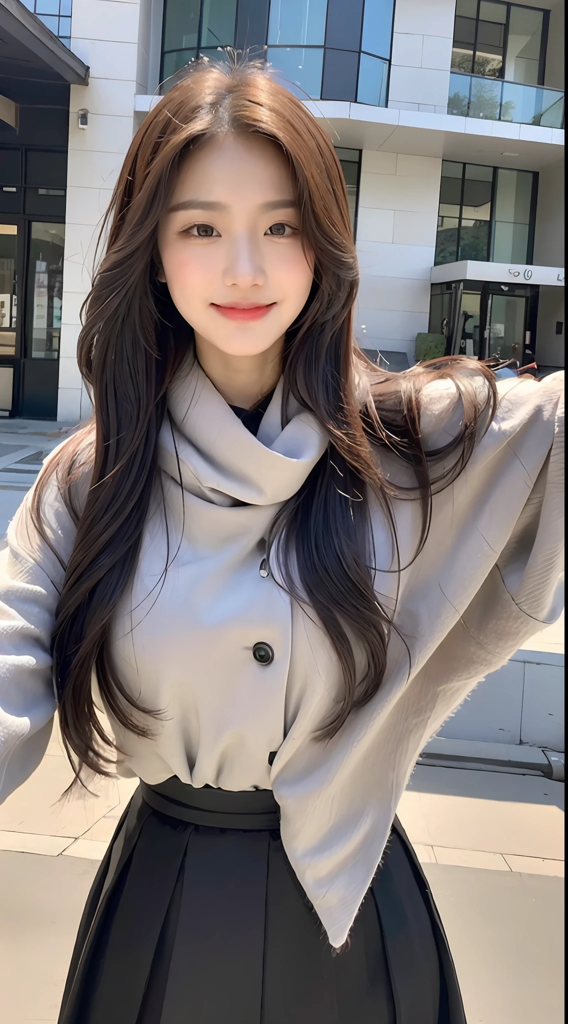 (1 Korean star with royal sister style), ((best quality, 8k, masterpiece: 1.3)), focus: 1.2, perfect body beauty: 1.4 , (smile), (Street: 1.3), highly detailed face and skin texture, fine eyes, double eyelids, whitening skin, (big wave hairstyle: 1.3), (round face: 1.5), (shawl skirt: 1.4),