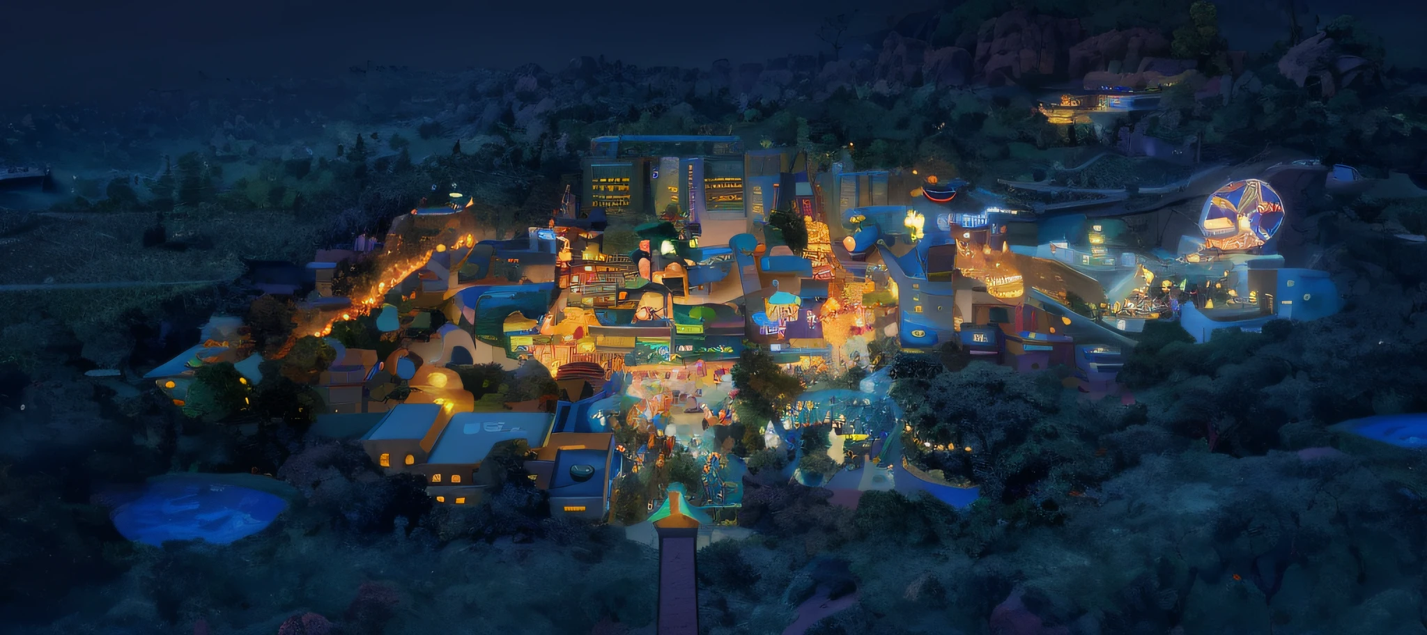 arafed view of a city with a lot of buildings and a lot of trees, pixar rendering, pixar zootopia. 3 d rendering, pixar film setting, pixar highly detailed, pixar 3d render, render in pixar, zootopia concept art, pixar render, pixar movie panorama, pixar concept art, disney render, nightime village background, nighttime foreground
