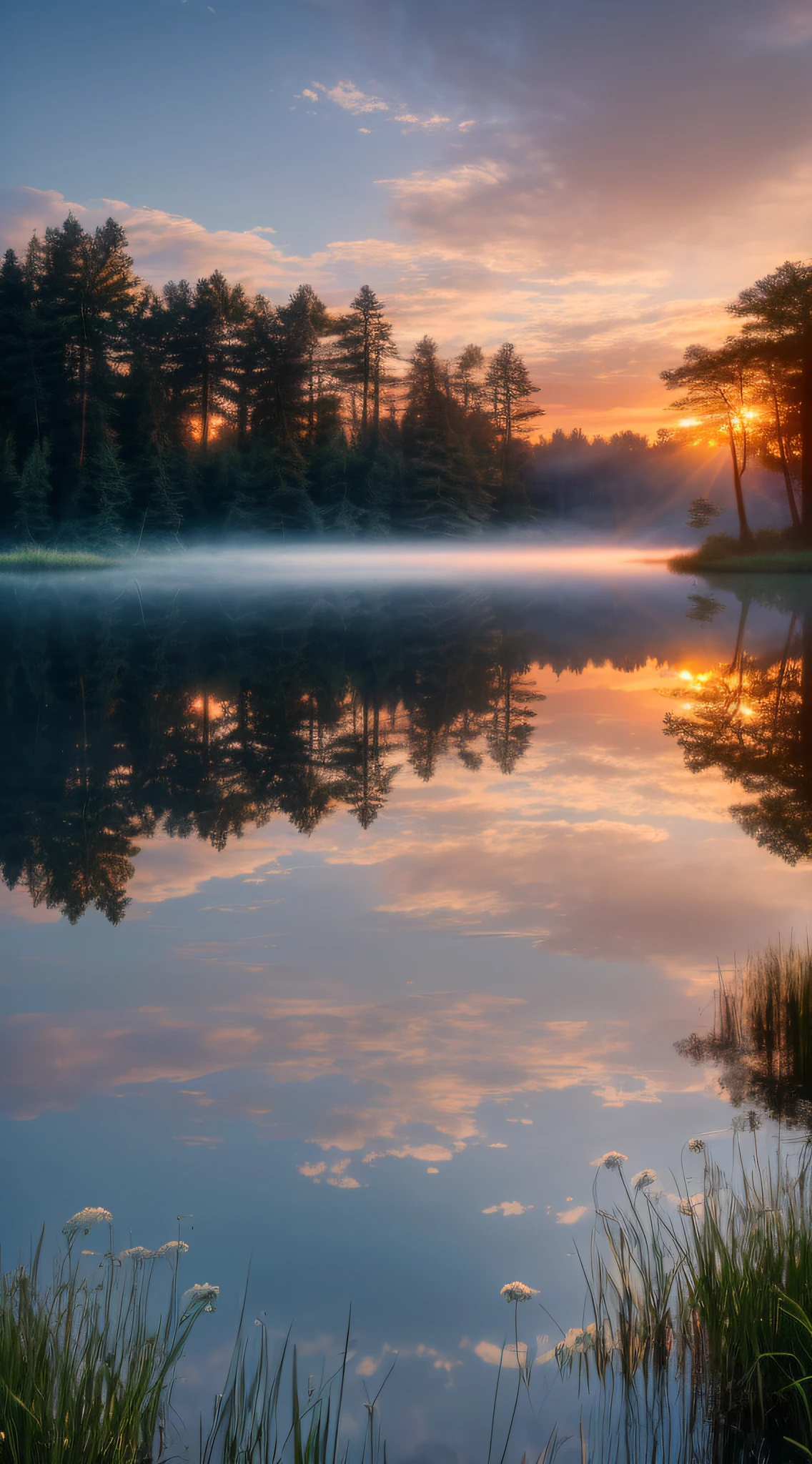 Wallpaper, summer, lake, dawn, forest, clouds, dawn background, depth of field, HD detail, hyperdetail, cinematic, soft light, deep field focus bokeh, ray tracing, diffuse (ultra-fine glass reflection) and realism. --v6