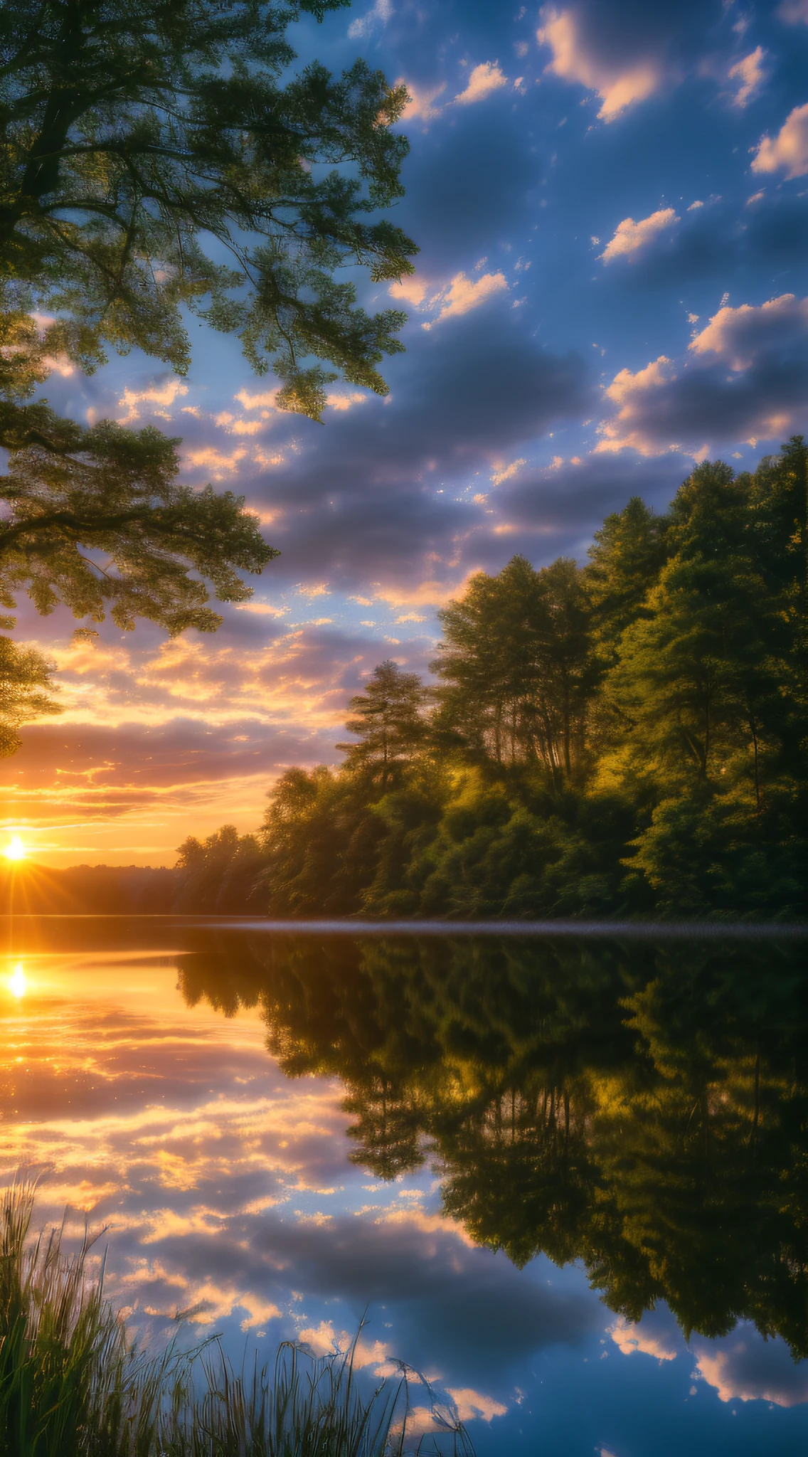 Wallpaper, summer, lake, dawn, forest, clouds, dawn background, depth of field, HD detail, hyperdetail, cinematic, soft light, deep field focus bokeh, ray tracing, diffuse (ultra-fine glass reflection) and realism. --v6