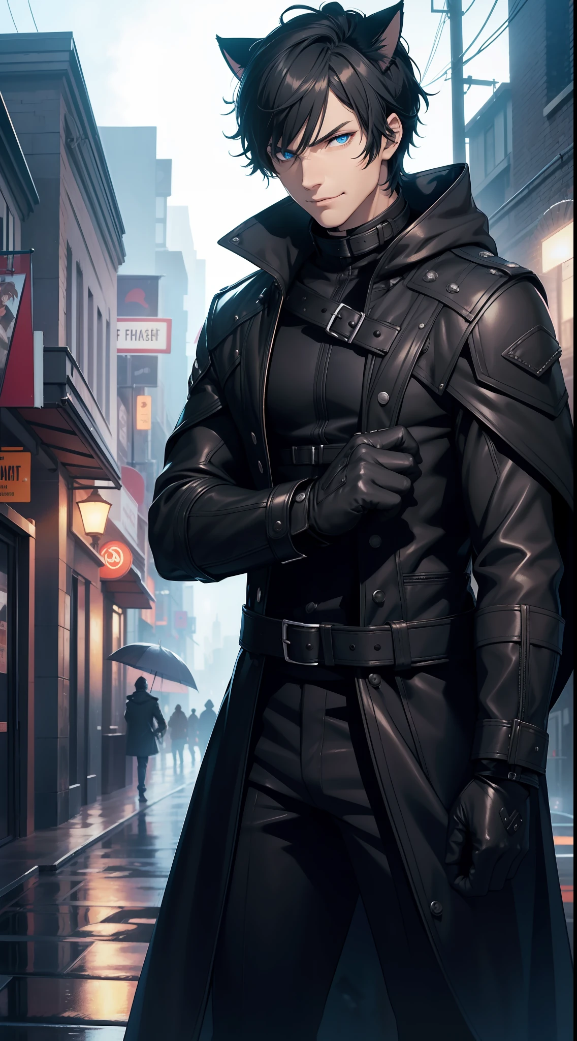 Adult man, short black hair, blue eyes, cat ears, leather cloak uncovered, night city, rain, smirk, masterpiece, high quality